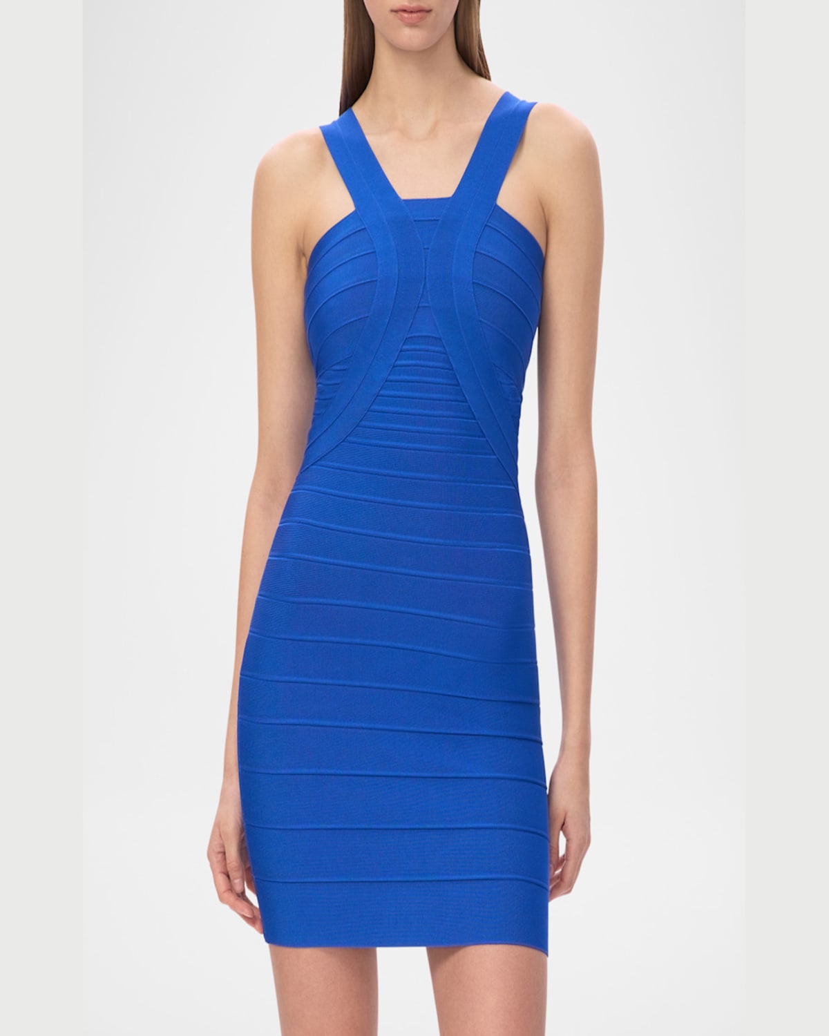 Herve Leger The Elise Ribbed Bodycon Halter Mini Dress In Blue