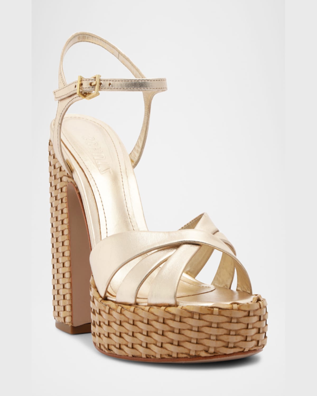 SCHUTZ KEEFA METALLIC WOVEN-HEEL PLATFORM SANDALS 