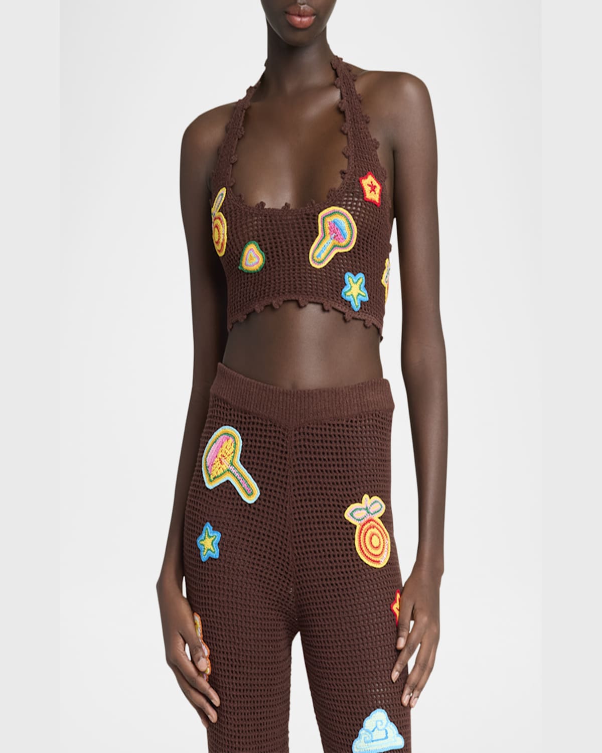 Casablanca Halter Crochet Bralette With Patches In Brown