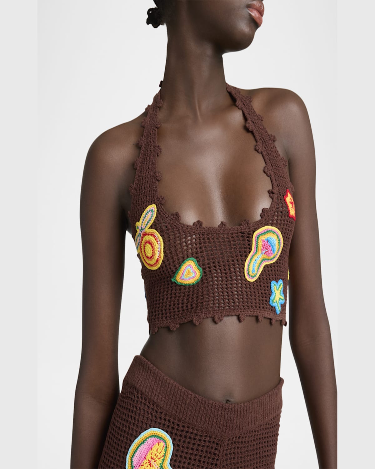 Casablanca Halter Crochet Bralette With Patches In Brown