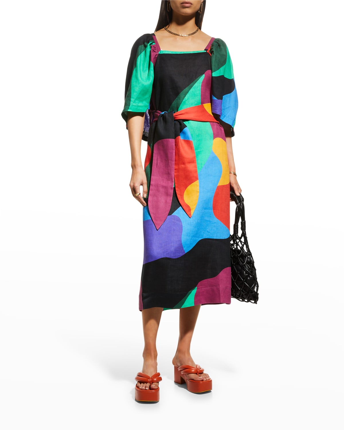 MARA HOFFMAN SARA ABSTRACT BELTED MIDI HEMP DRESS