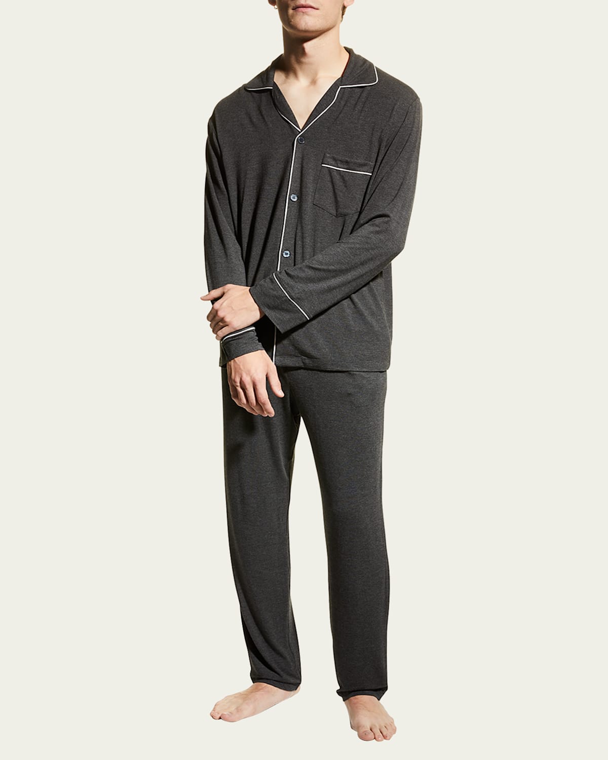 Eberjey William Contrast-piping Stretch-jersey Pyjama Set In Charcoal Heatherivory