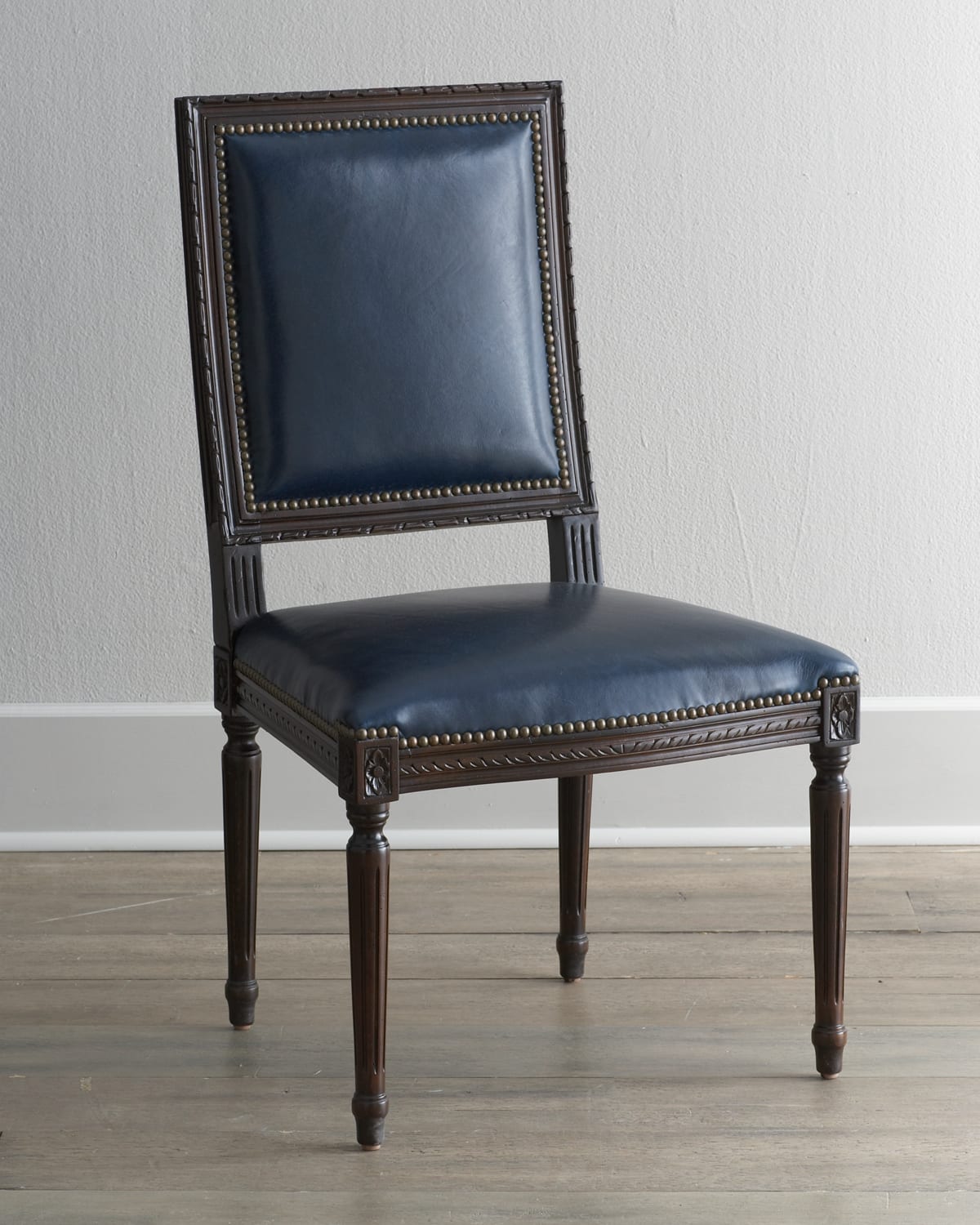 Massoud Marlin Blue Leather Side Chair In Dark Blue