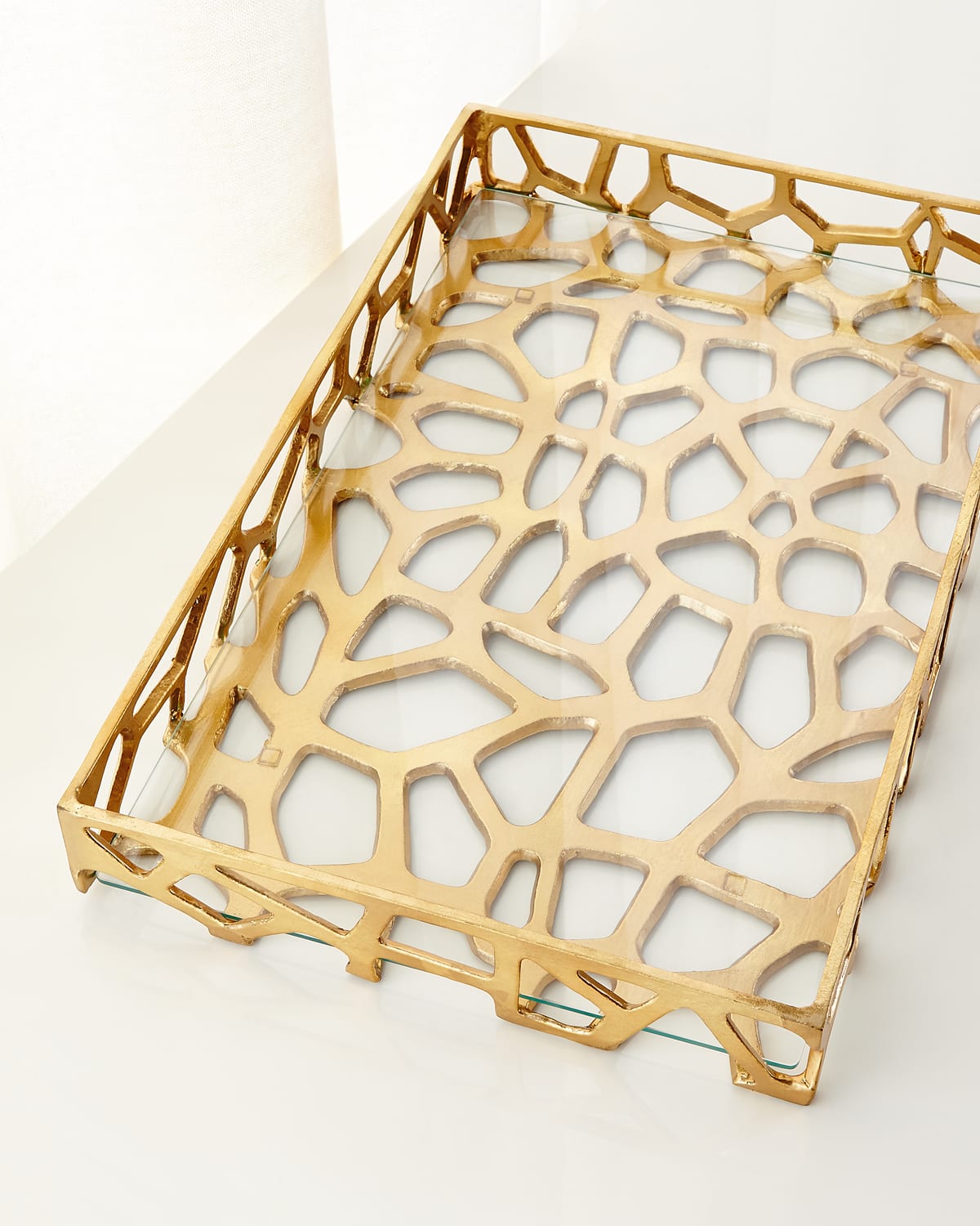 Worlds Away Organic Iron Tray With Glass In Gold