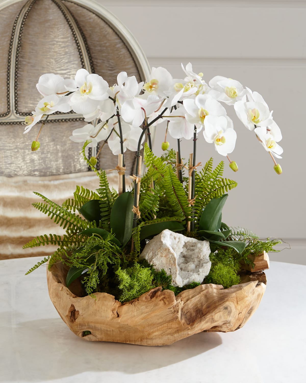 Shop T & C Floral Company White Orchid Faux-floral Arrangement In Wooden Bowl