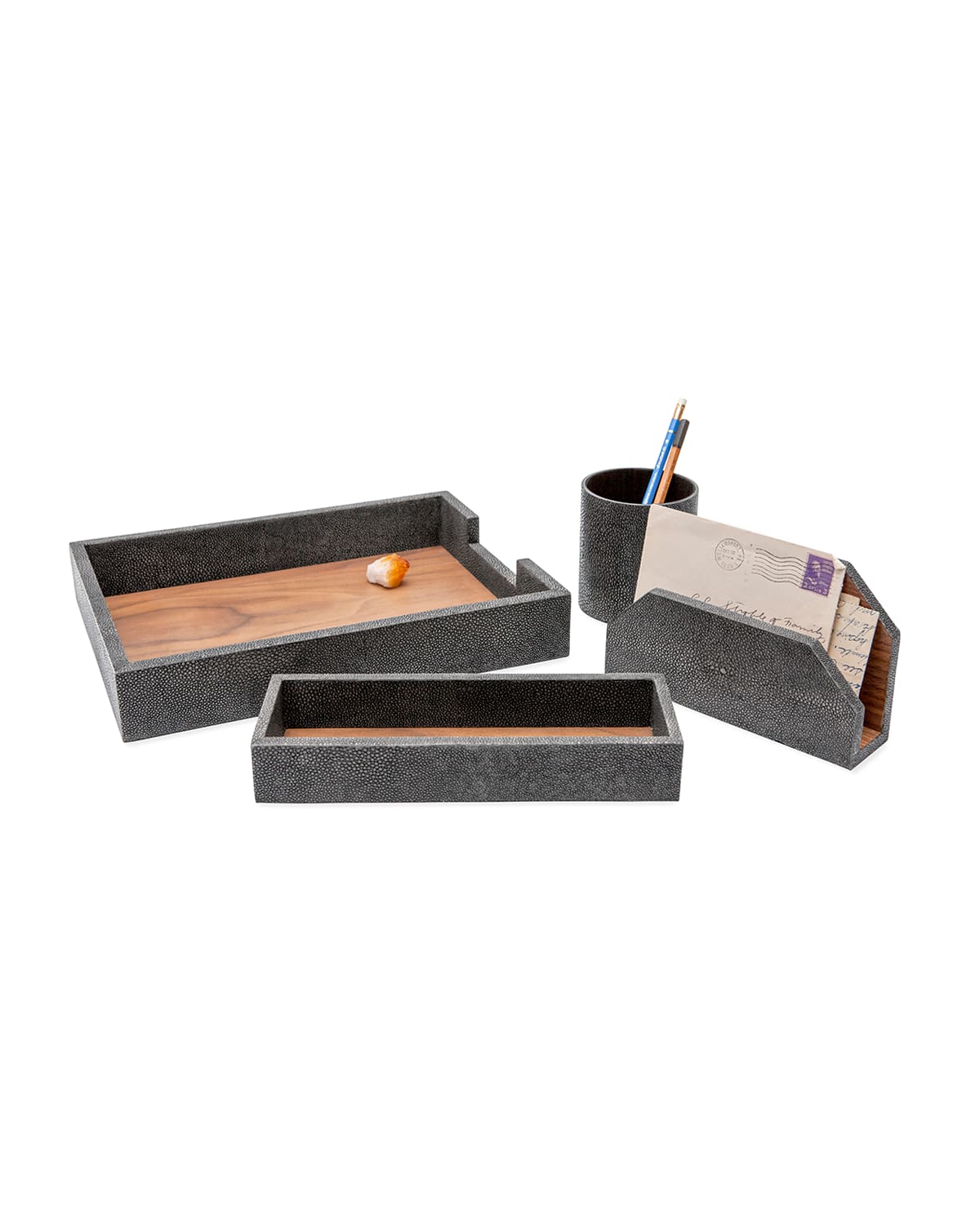Shop Pigeon & Poodle Crosby Faux-shagreen Desk Organizer Accessory Set In Cool Gray