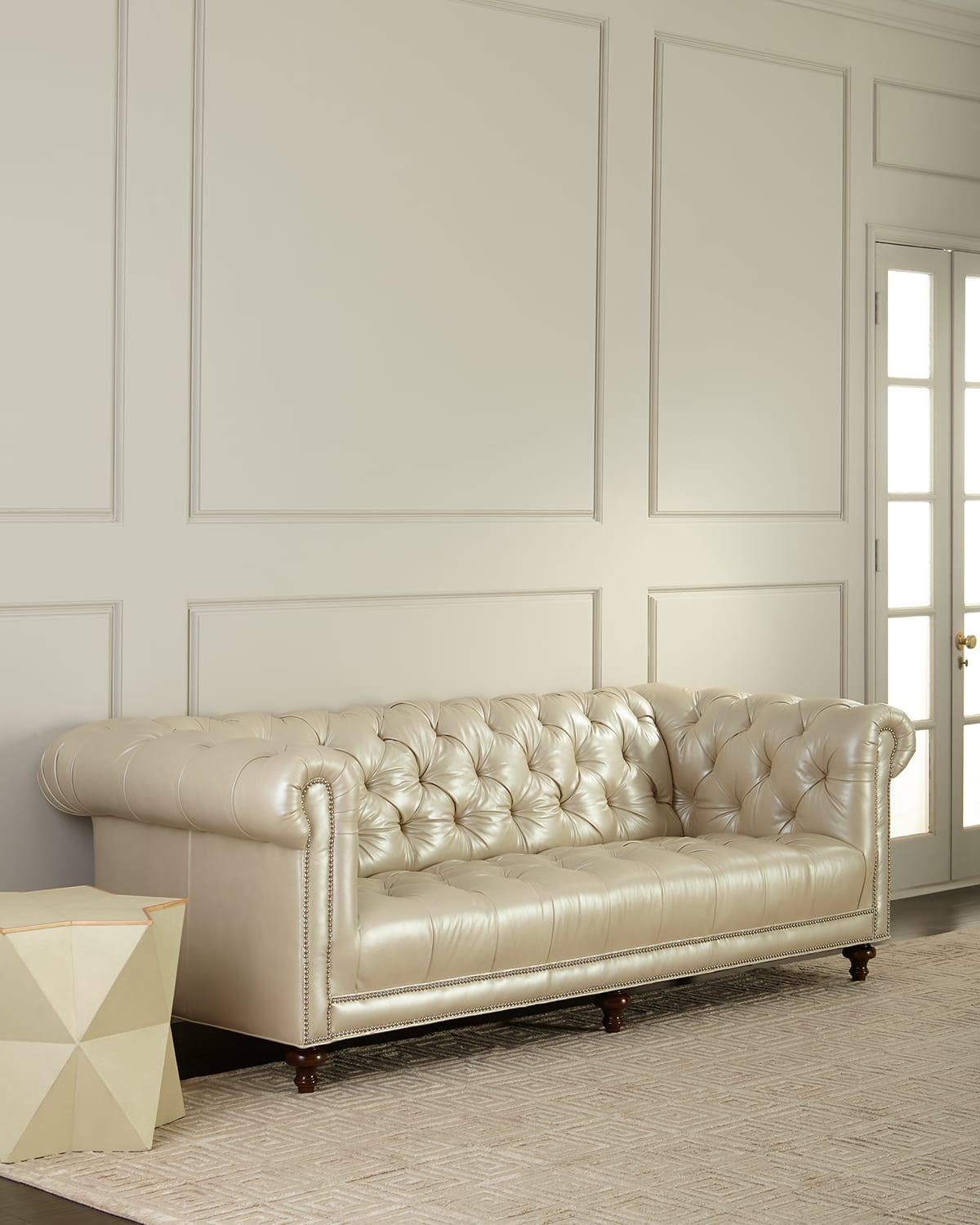 Massoud Lara Leather Chesterfield Sofa, 94" In Cream
