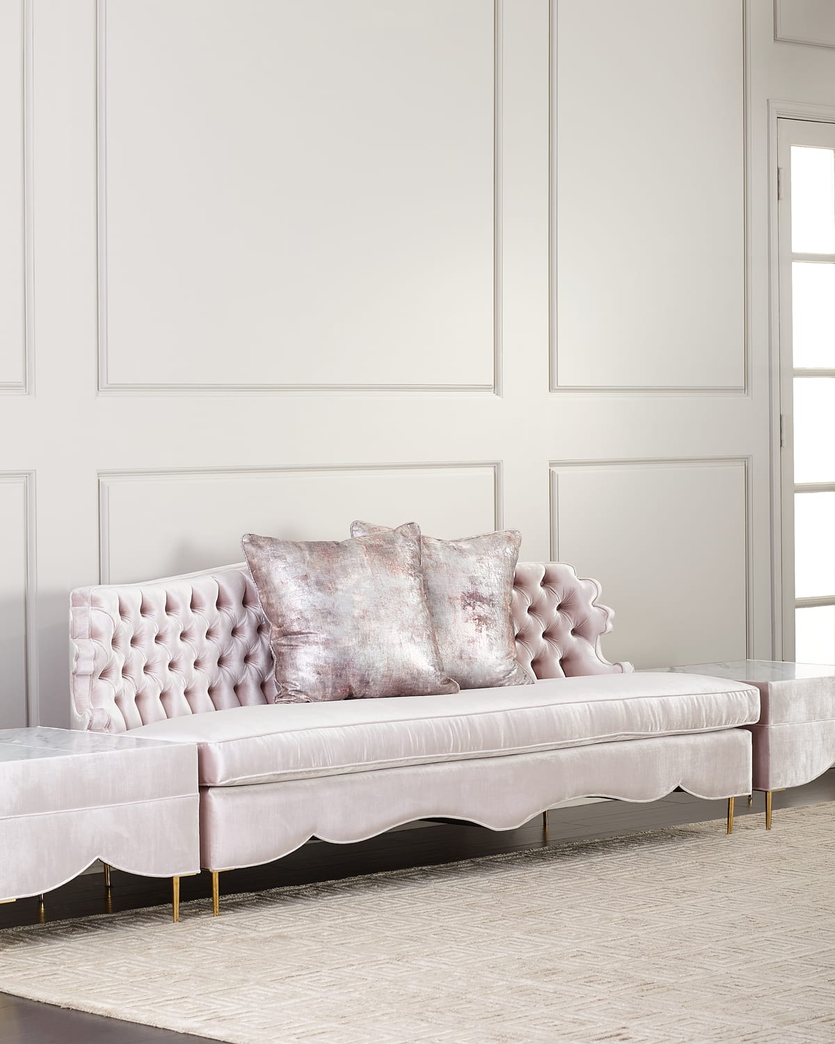 Haute House Valentina Sofa, 83" And Two Marble Cocktail Ottomans In Blush