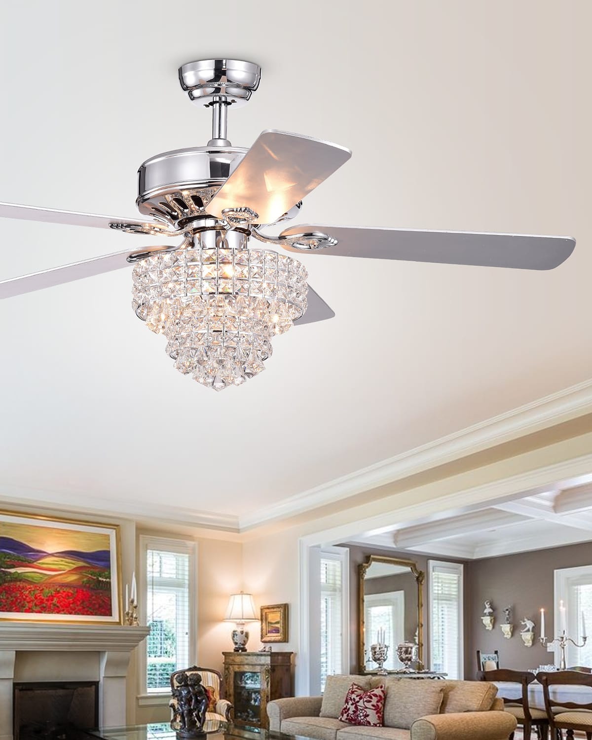 Home Accessories Tiered Crystal Chandelier Ceiling Fan In Transparent