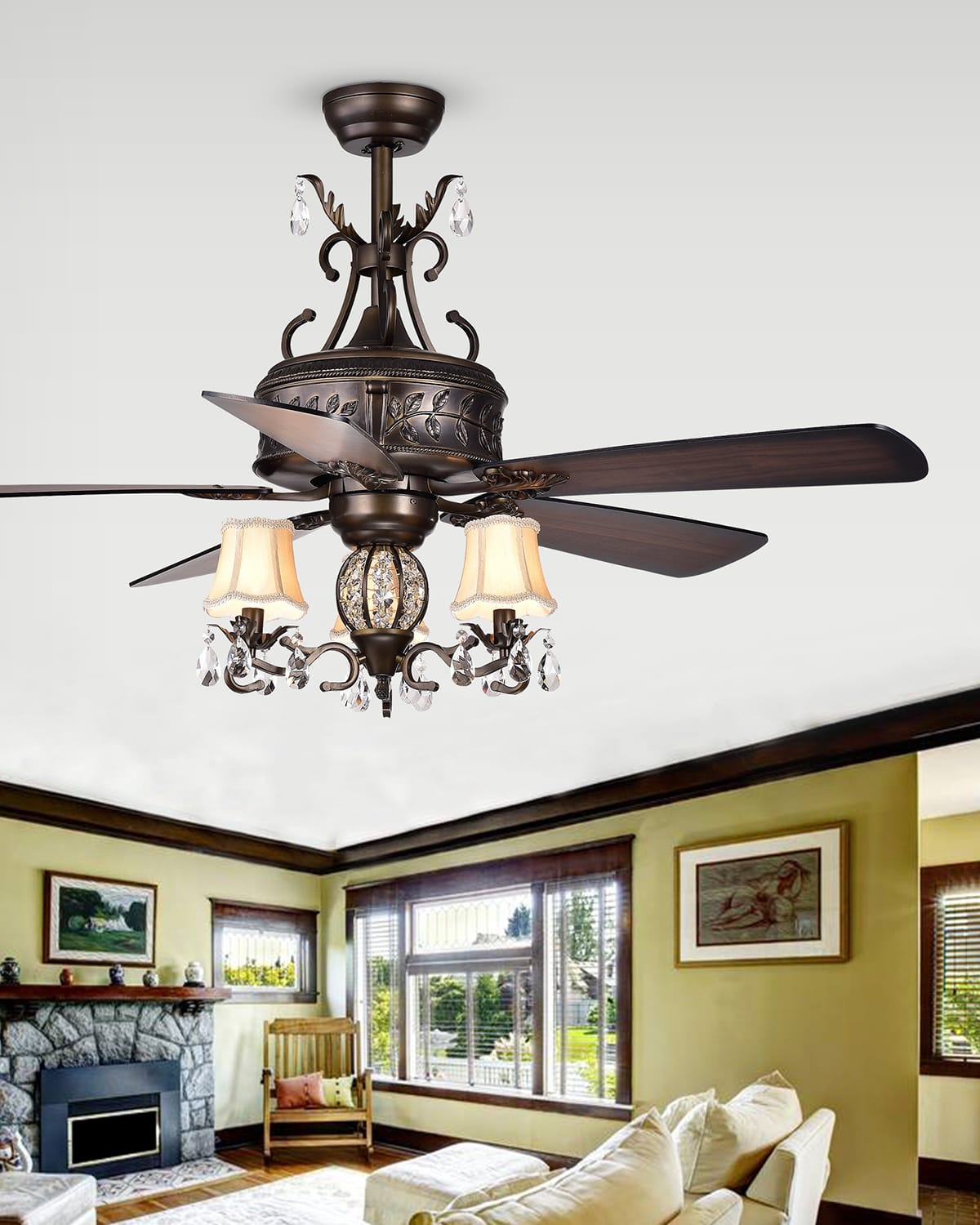 Home Accessories Branched Crystal Drop Chandelier Ceiling Fan In Brown