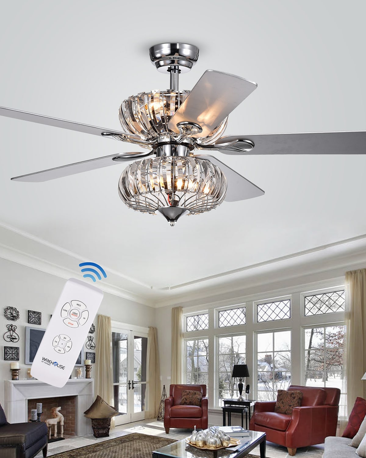 Home Accessories Stacked Curved Crystal Baguette Chandelier Ceiling Fan In Metallic