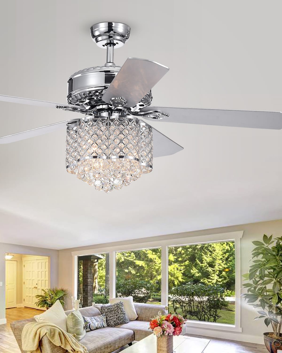 Home Accessories Deidor Flower-shaped Metalwork & Crystal Chandelier Ceiling Fan In Metallic