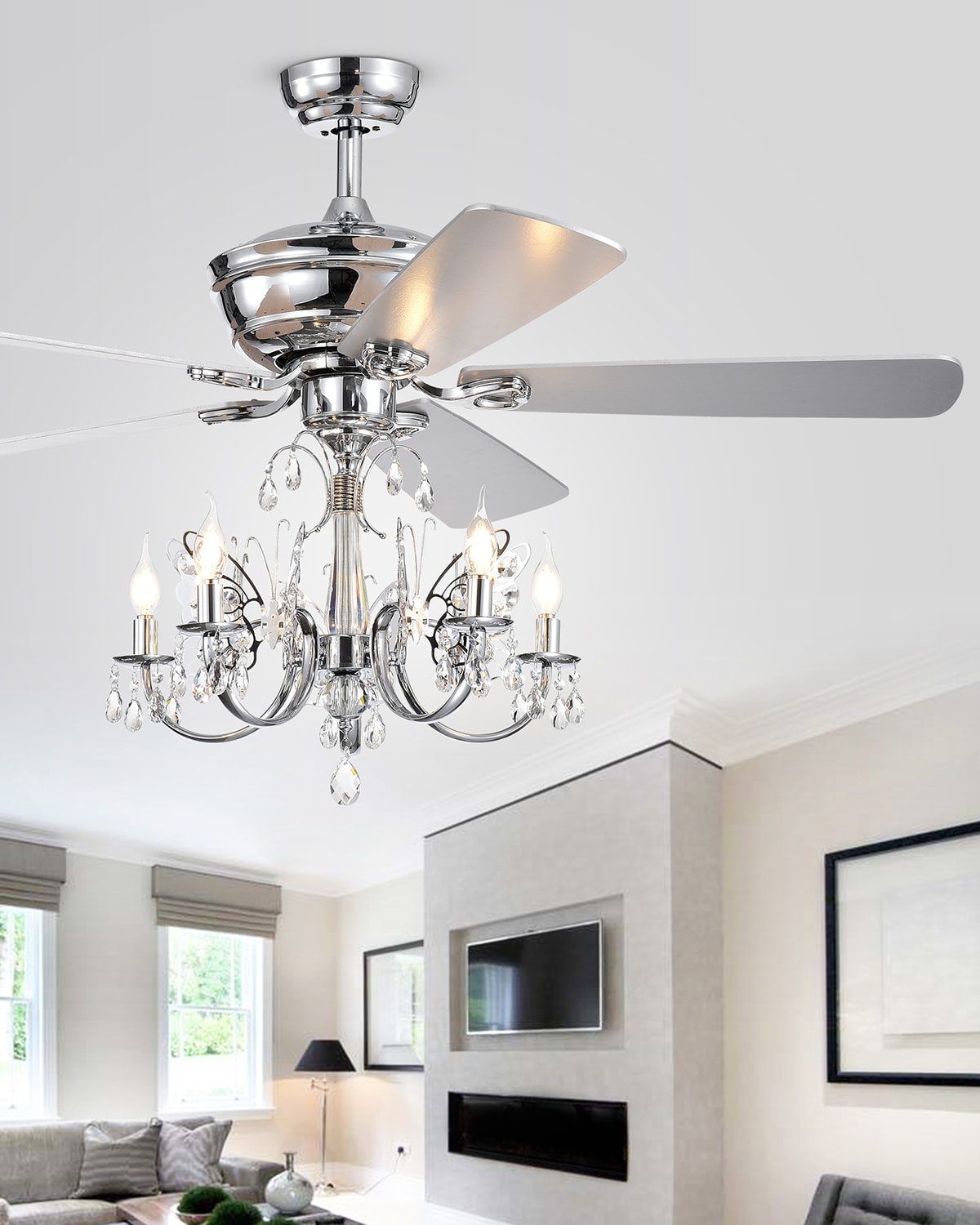 Home Accessories 5-light Crystal Drop Chandelier Ceiling Fan In Metallic
