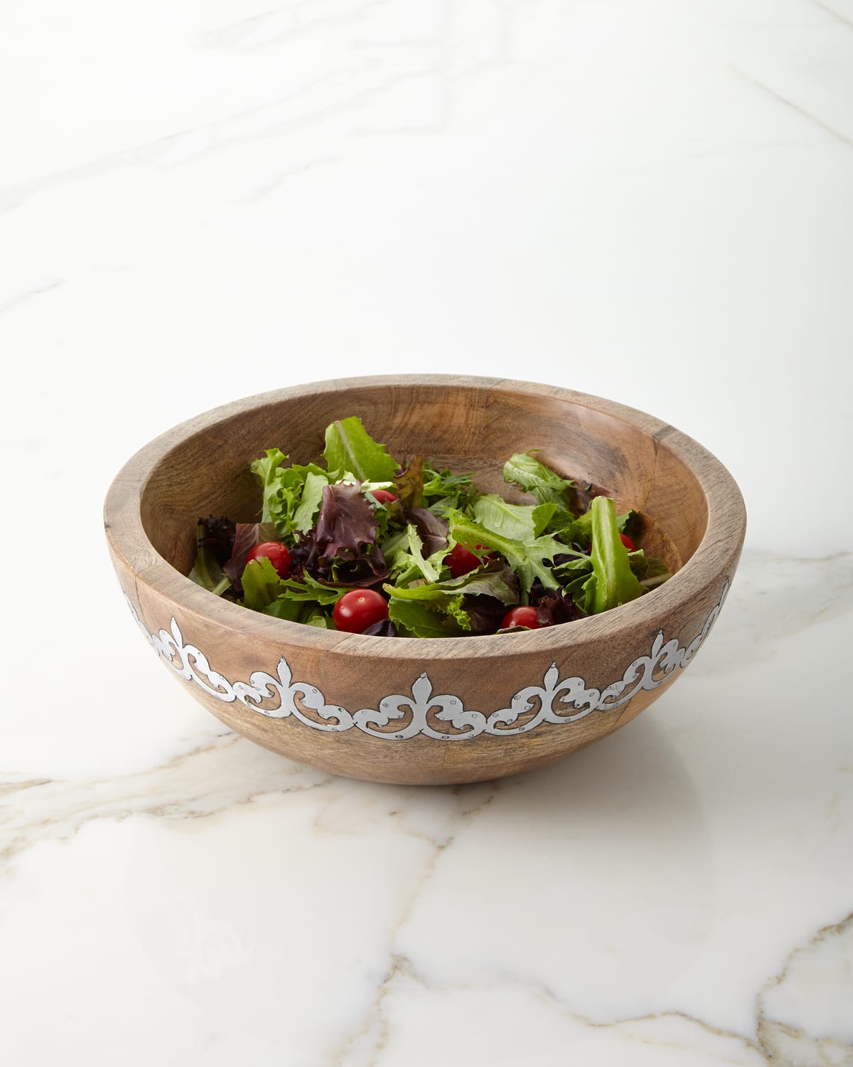 G G Collection Mango Wood Wide Serving Bowl With Metal Inlay