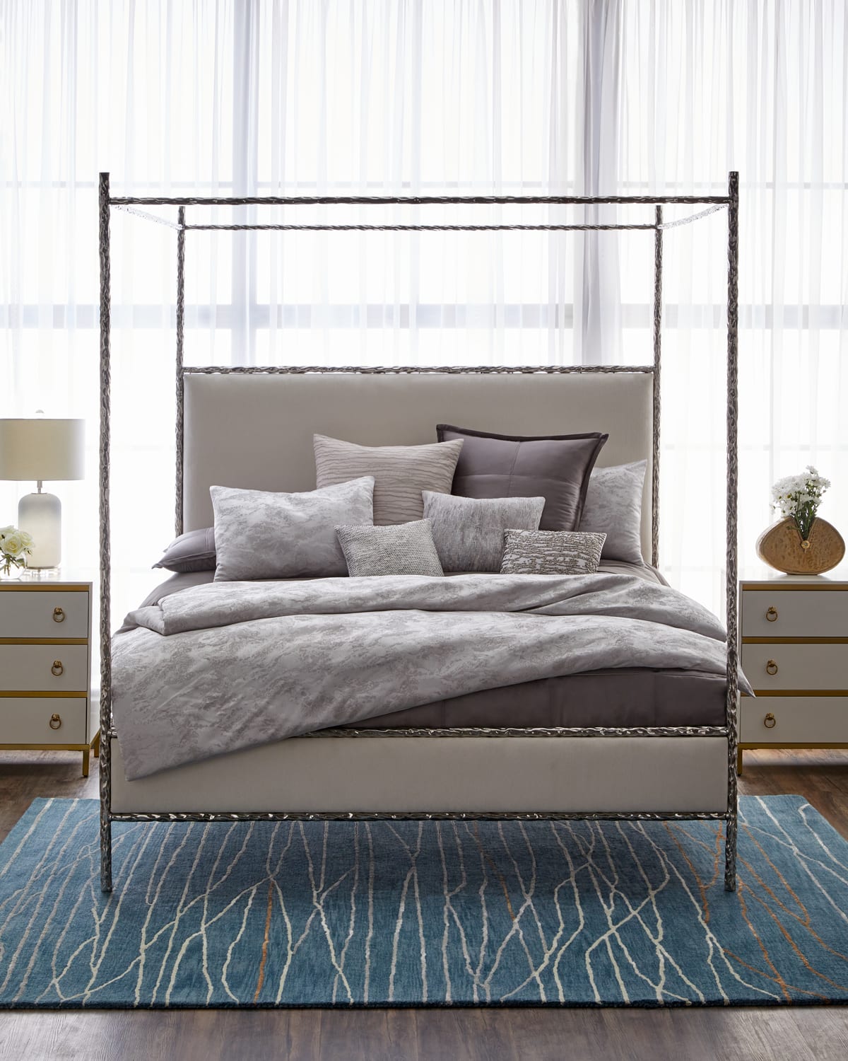 Bernhardt Odette Upholstered Canopy King Bed In White/nickel