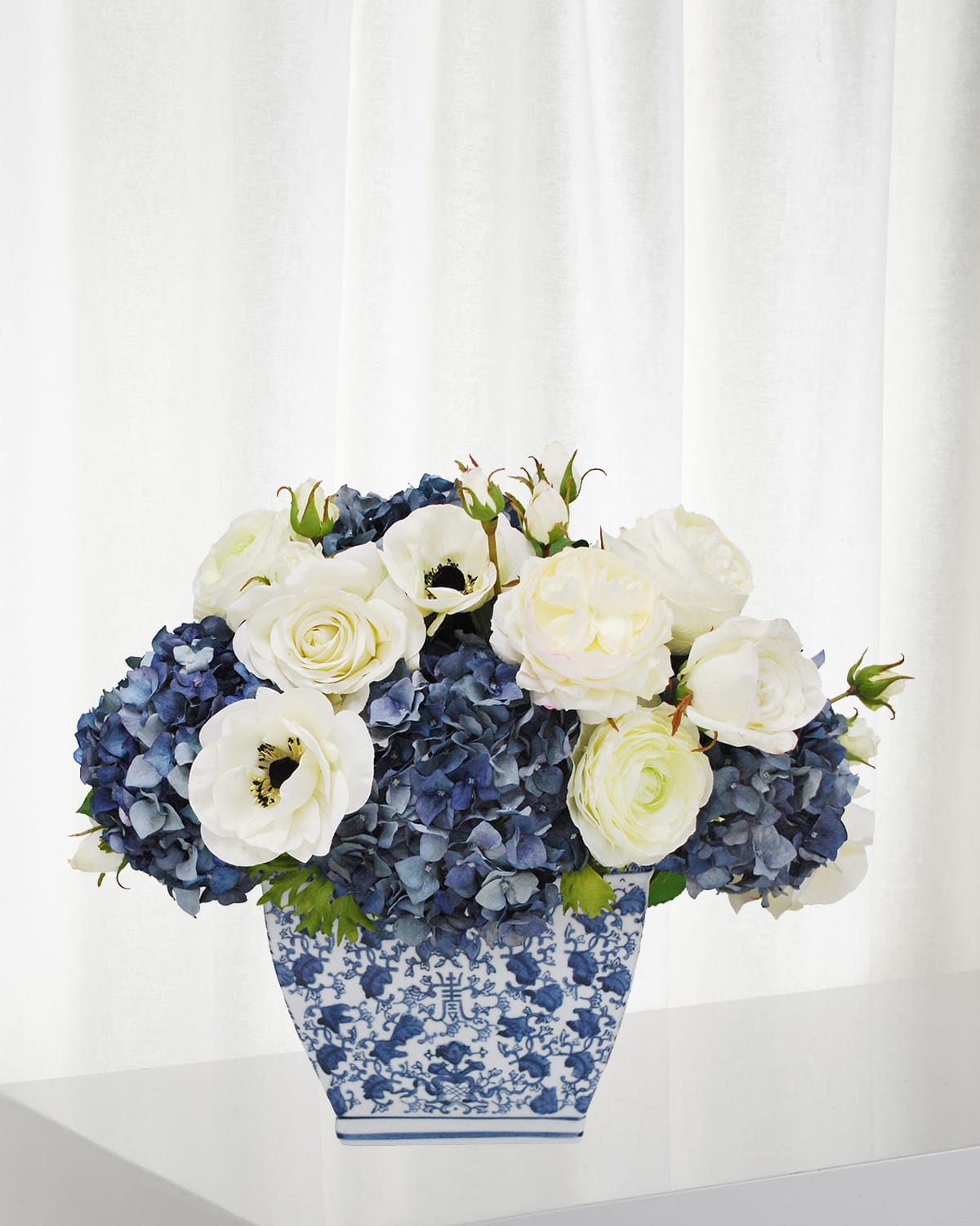 Winward Home Hydrangea Rose In Rectangle Cache Pot In Blue/white