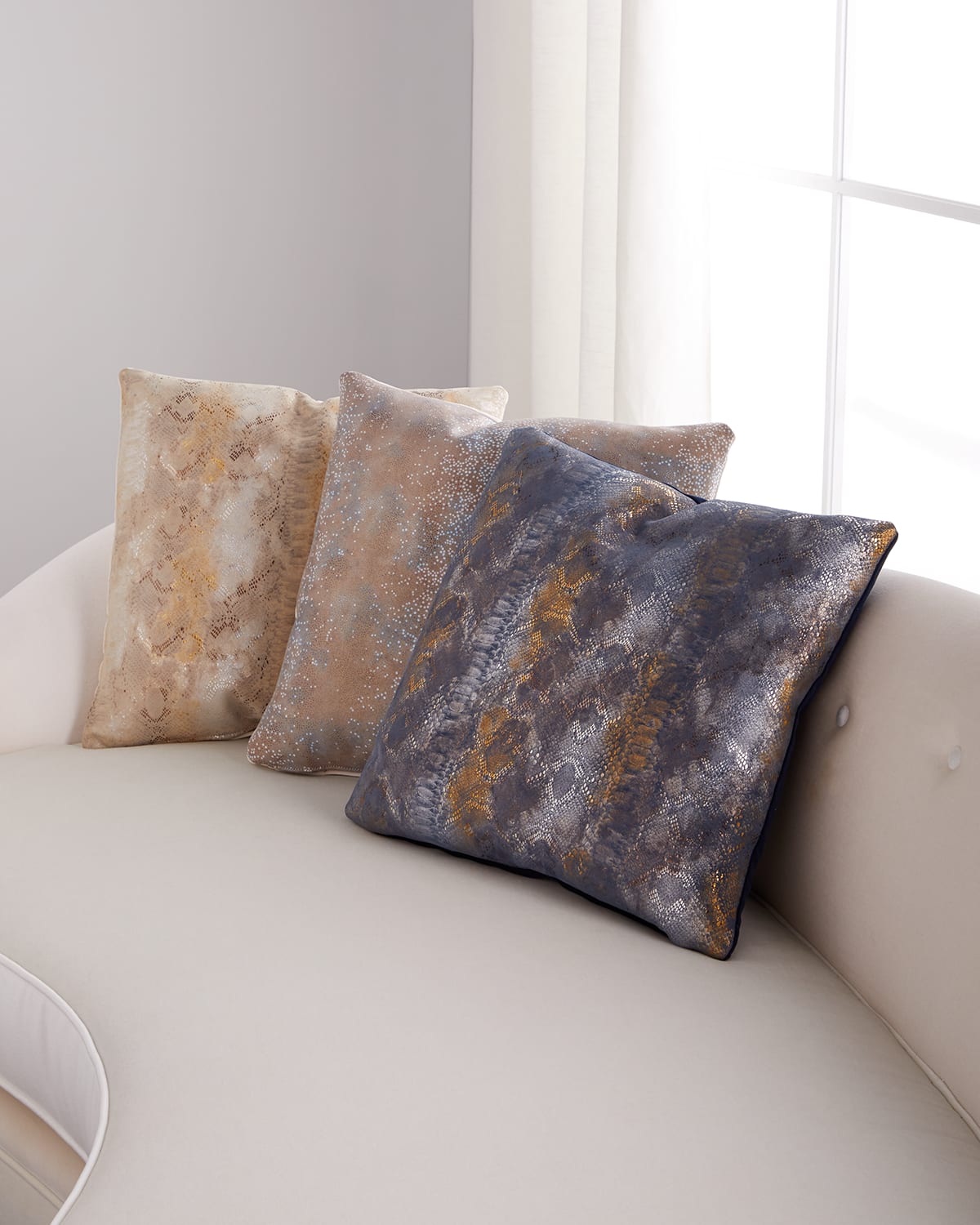 Massoud Oil Printed Suede Pillow, 19"sq. In Navy
