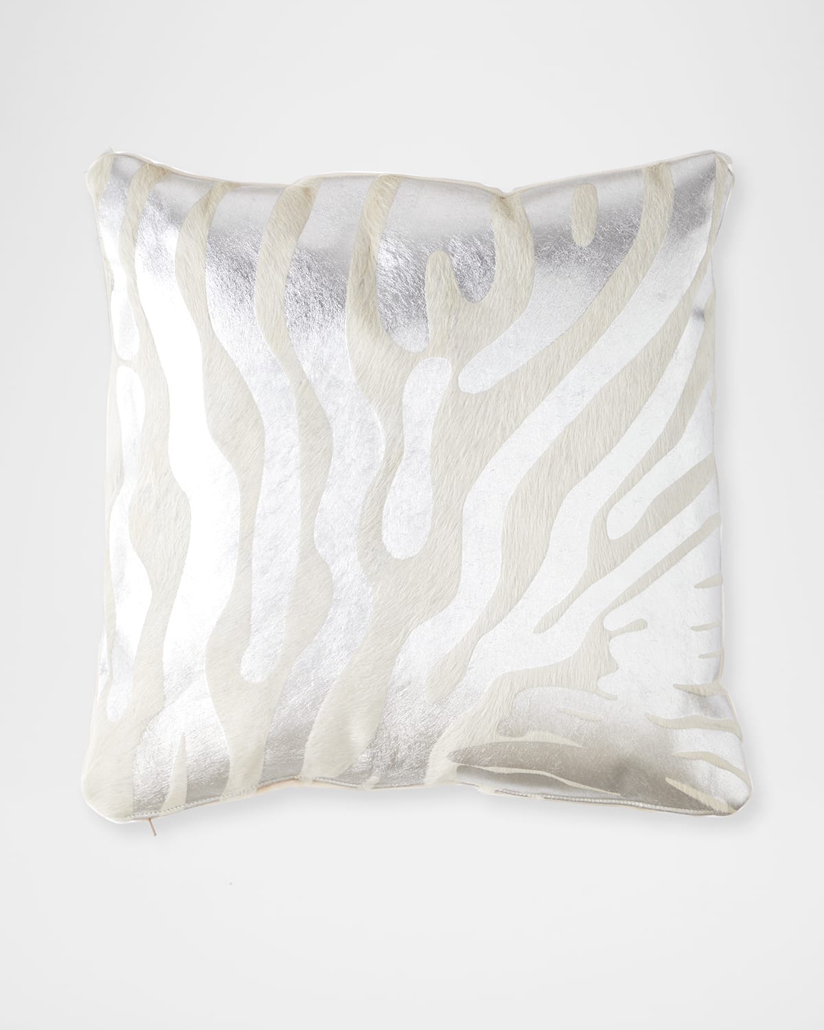 Massoud Metallic Hair Hide Zebra Pillow, 19"sq. In Silver