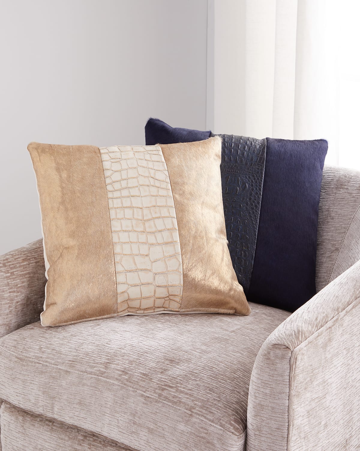Massoud Colorblock Croc Pillow, 19"sq. In Ivory/gold