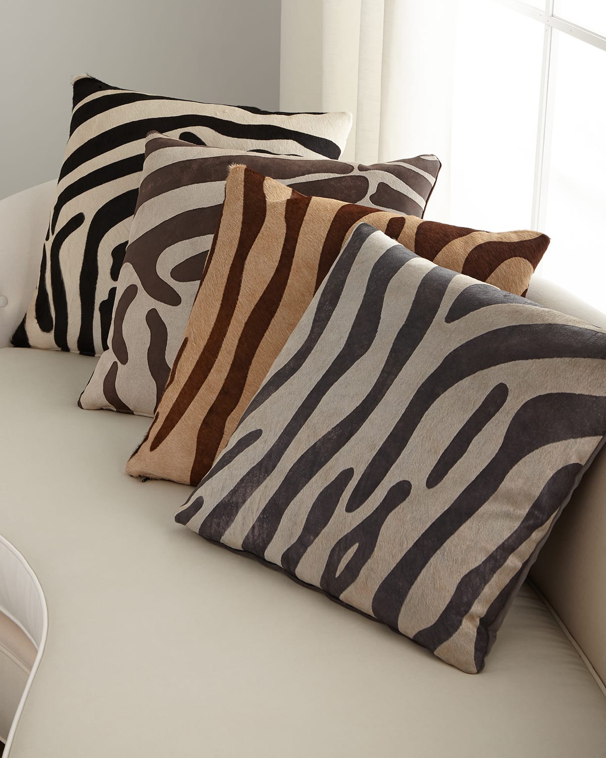 Massoud Hair Hide Zebra Pillow, 22"sq. In Caramel