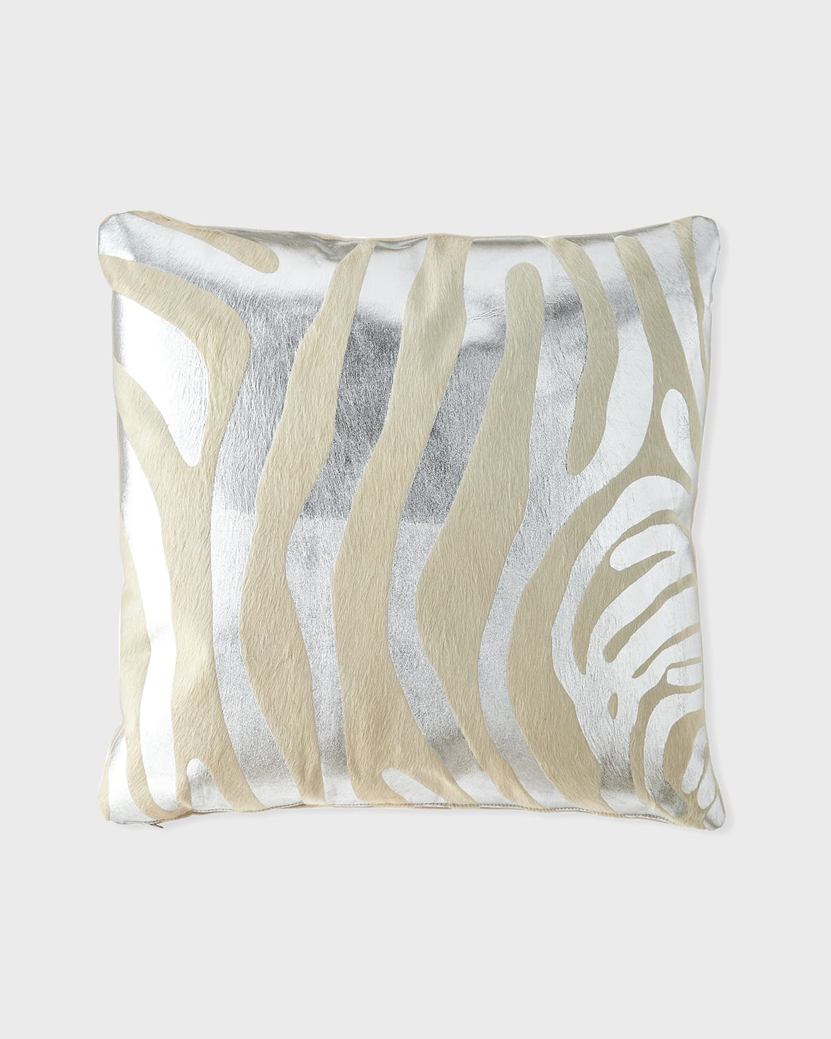 Massoud Metallic Hair Hide Zebra Pillow, 22"sq. In Silver