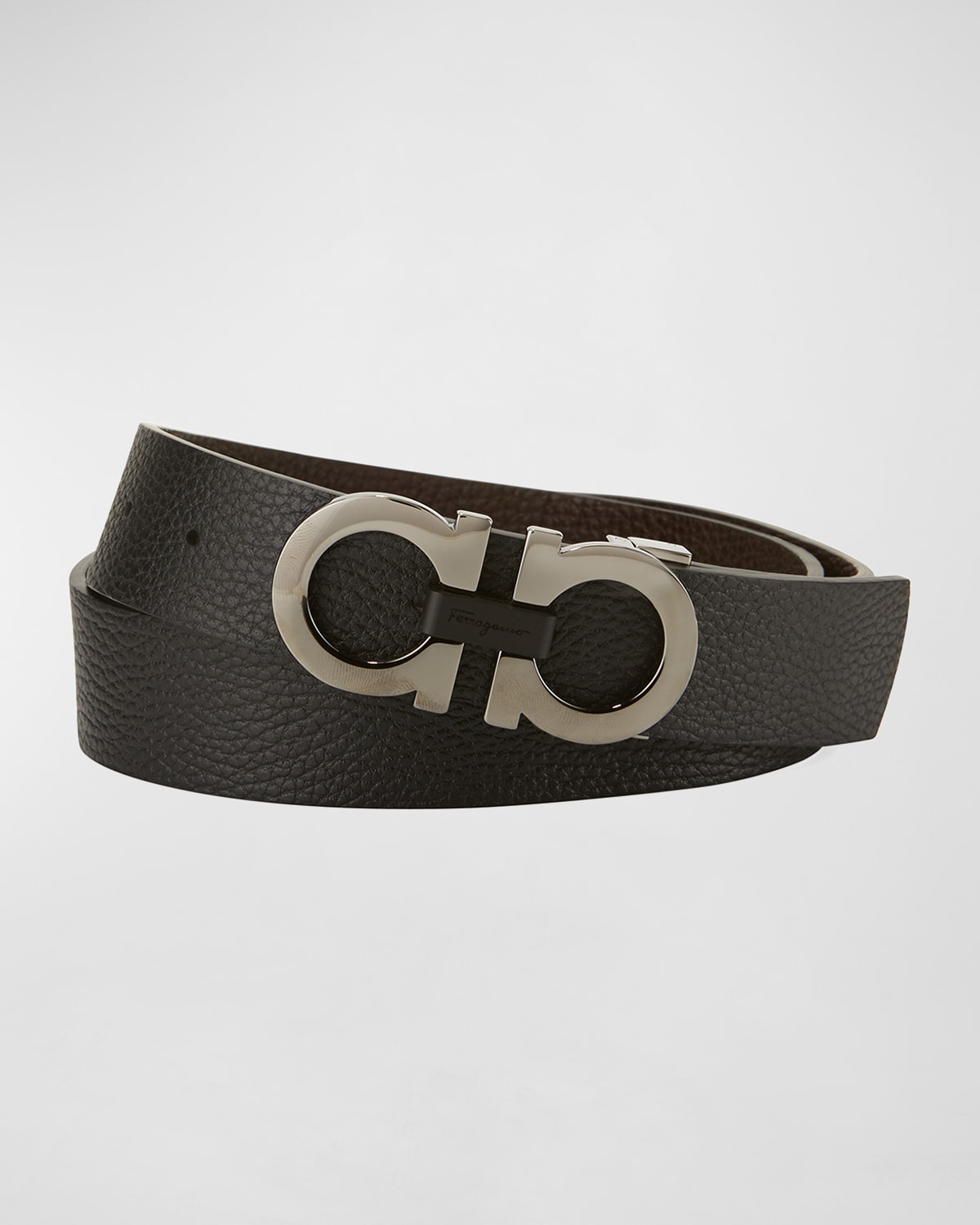 Shop Ferragamo Moufflon Adjustable & Reversible Double-gancini Buckle Leather Belt In Black/hickory