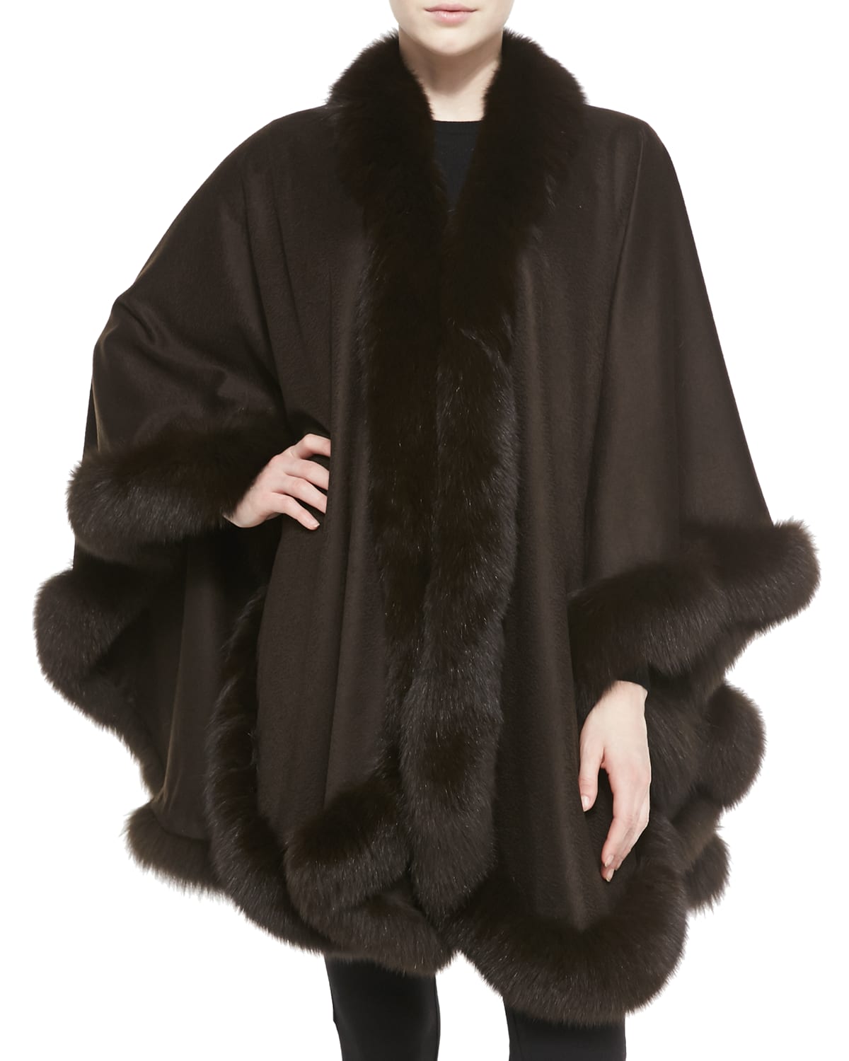 Sofia Cashmere Fox Fur-trimmed Cashmere U-cape In Chocolate