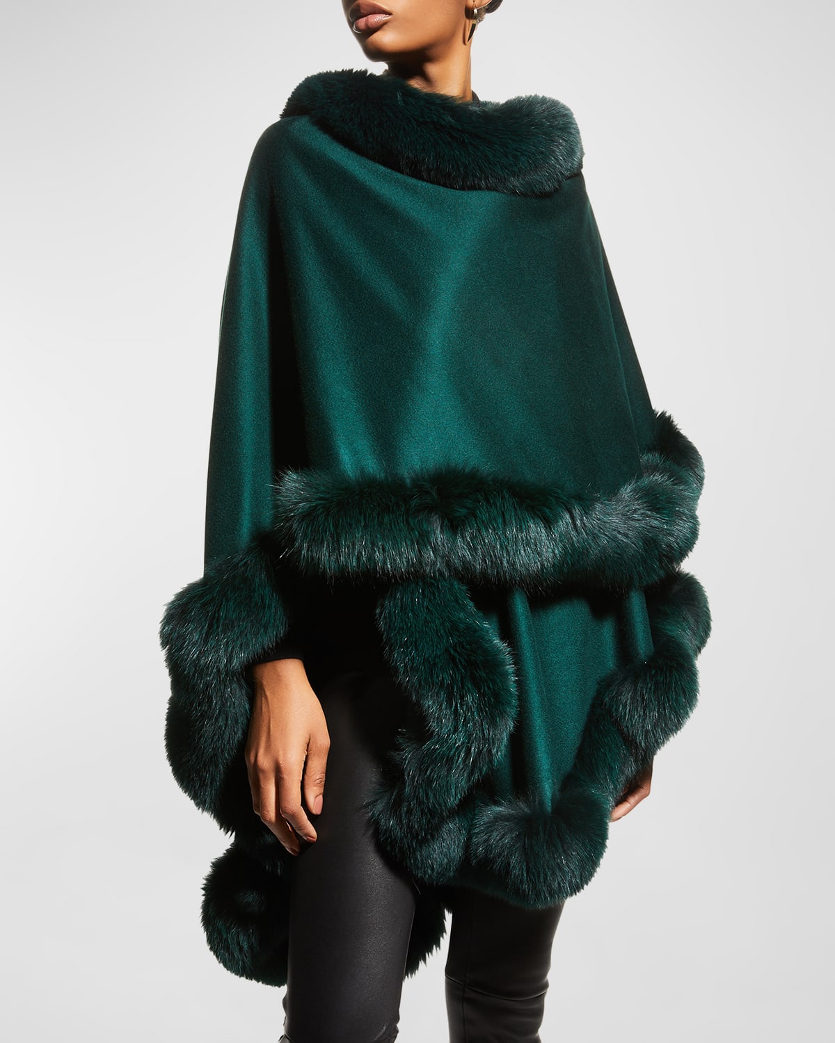 Sofia Cashmere Fox Fur-trimmed Cashmere U-cape In Emerald