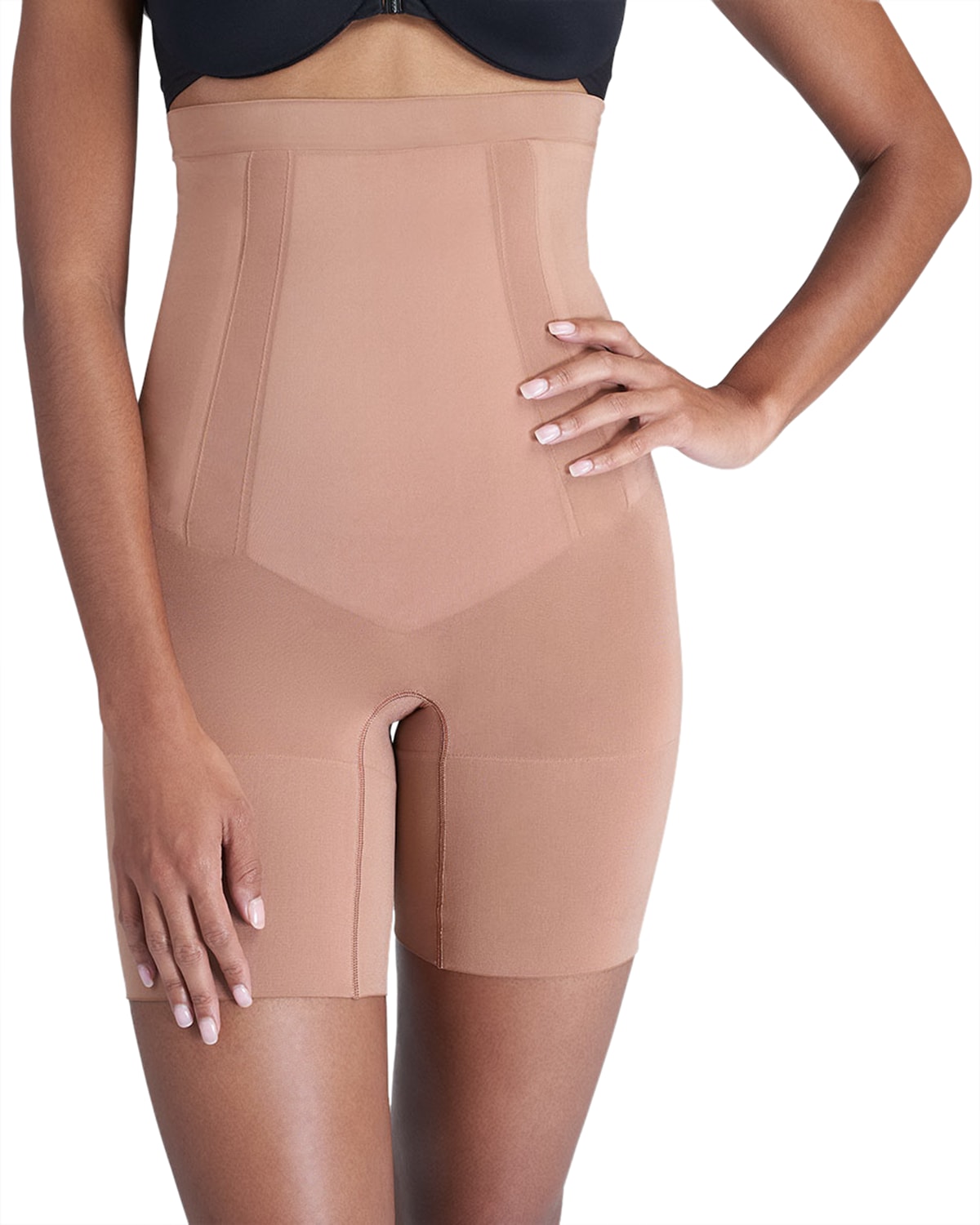Spanx Oncore High-waisted Mid-thigh Shorts In Dark Beige