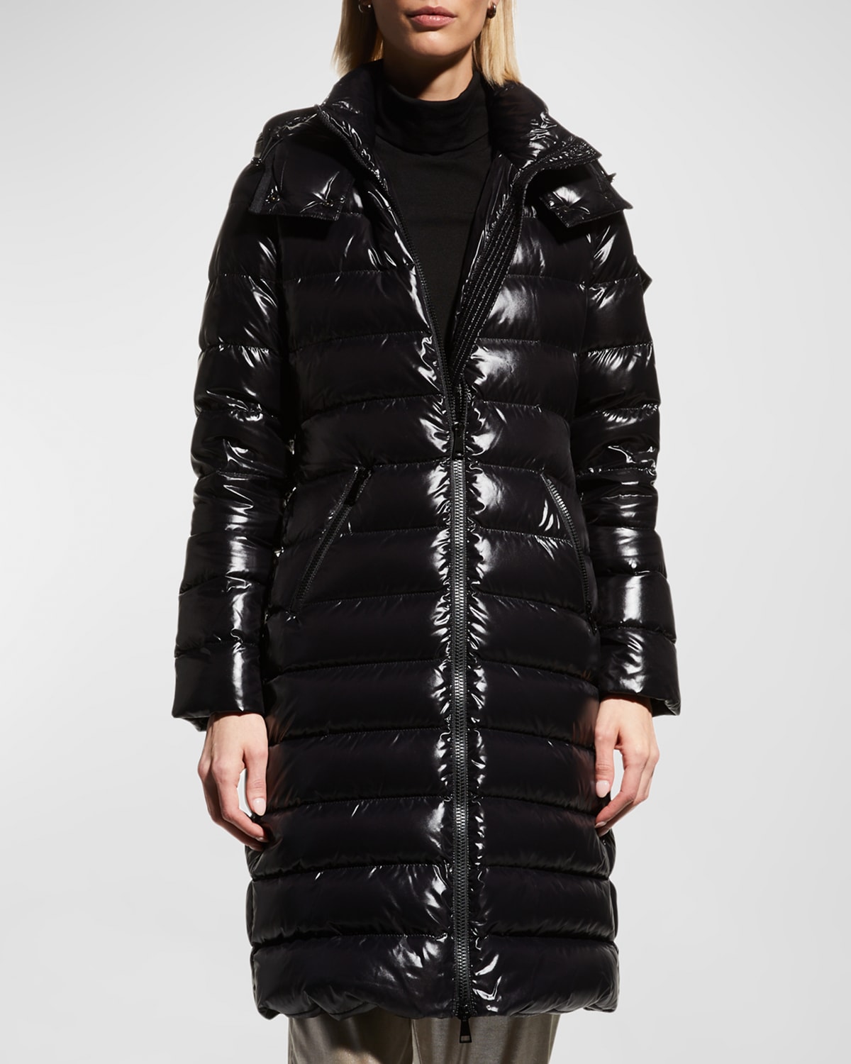 Shop Moncler Moka Shiny Fitted Puffer Coat With Hood In Black