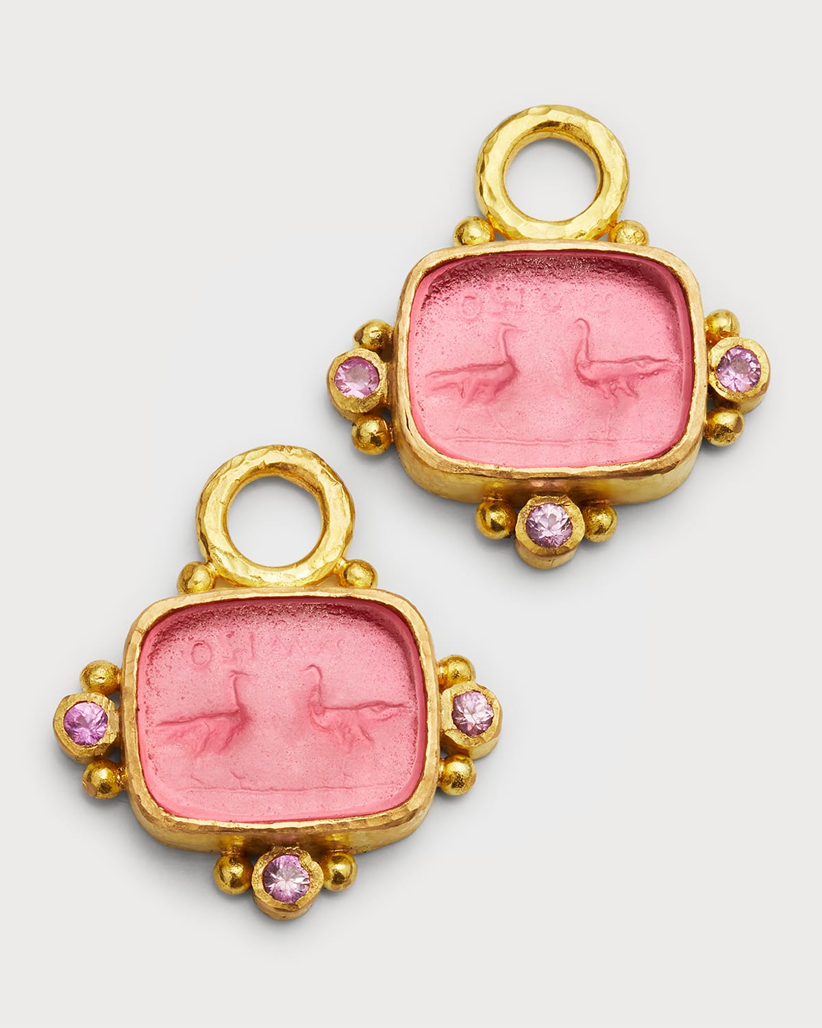 Elizabeth Locke 19K Venetian Glass Intaglio Two Cranes Earring Pendants, Pink