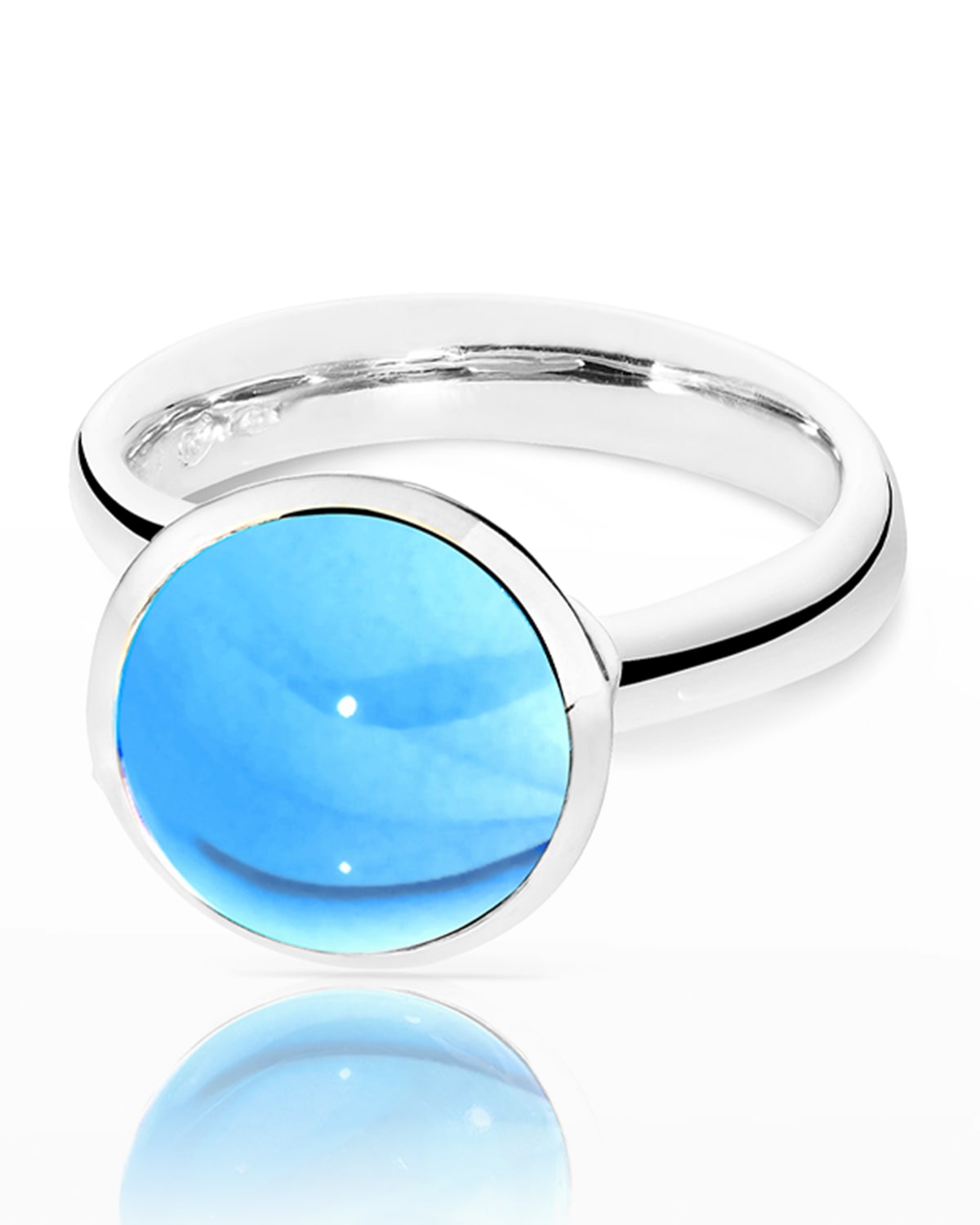 Bouton 11mm Swiss Blue Topaz Cabochon Ring in 18k White Gold, Size 7