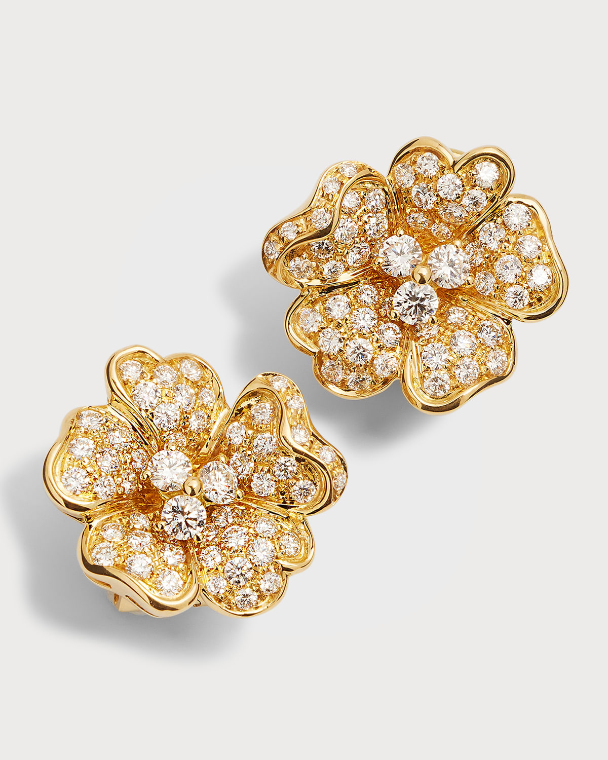 18K Yellow Gold Pave Diamond Flower Button Earrings