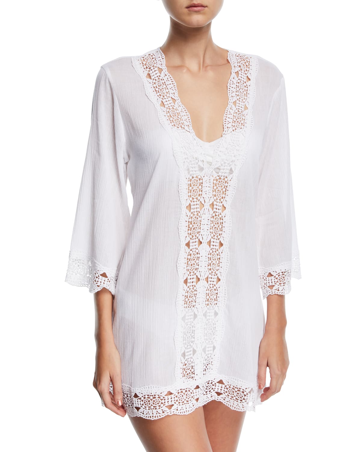 LA BLANCA EMBROIDERED-INSET TUNIC COVERUP,PROD182260075