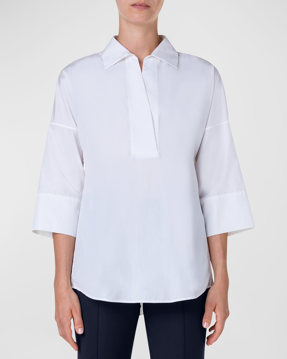 Shop Akris Punto Kimono-sleeve Split-neck Blouse, White