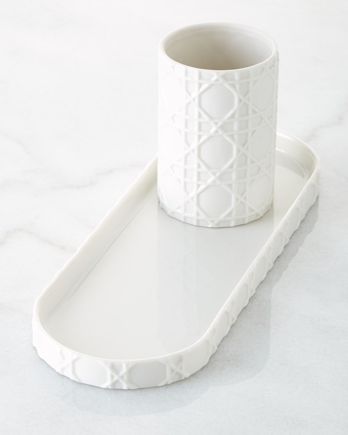 Kassatex Cane Embossed Porcelain Vanity Tray In White