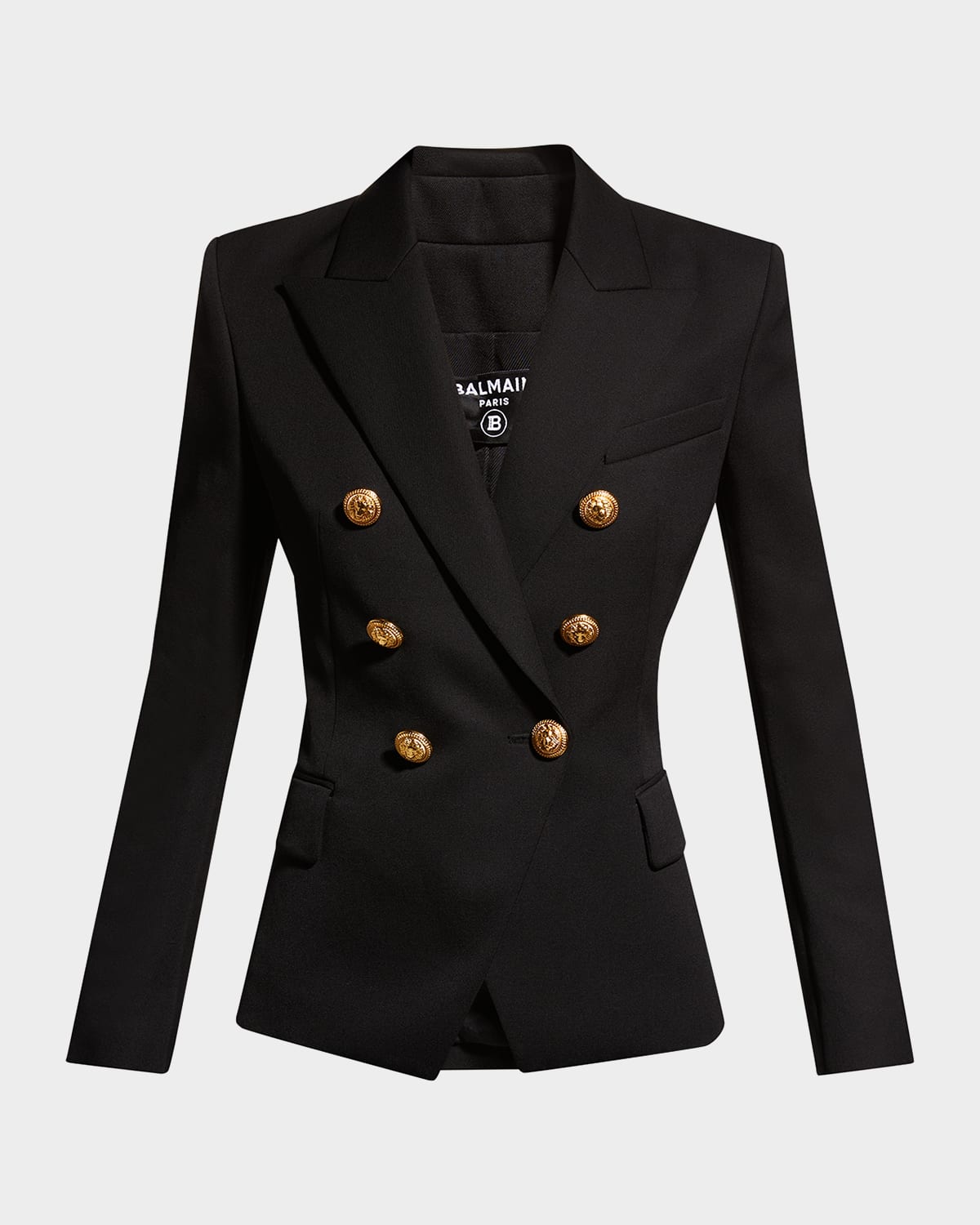 Balmain Black Double-breasted Jacket With Branded Buttons And Asymmetric Cut In Wool Woman In Black