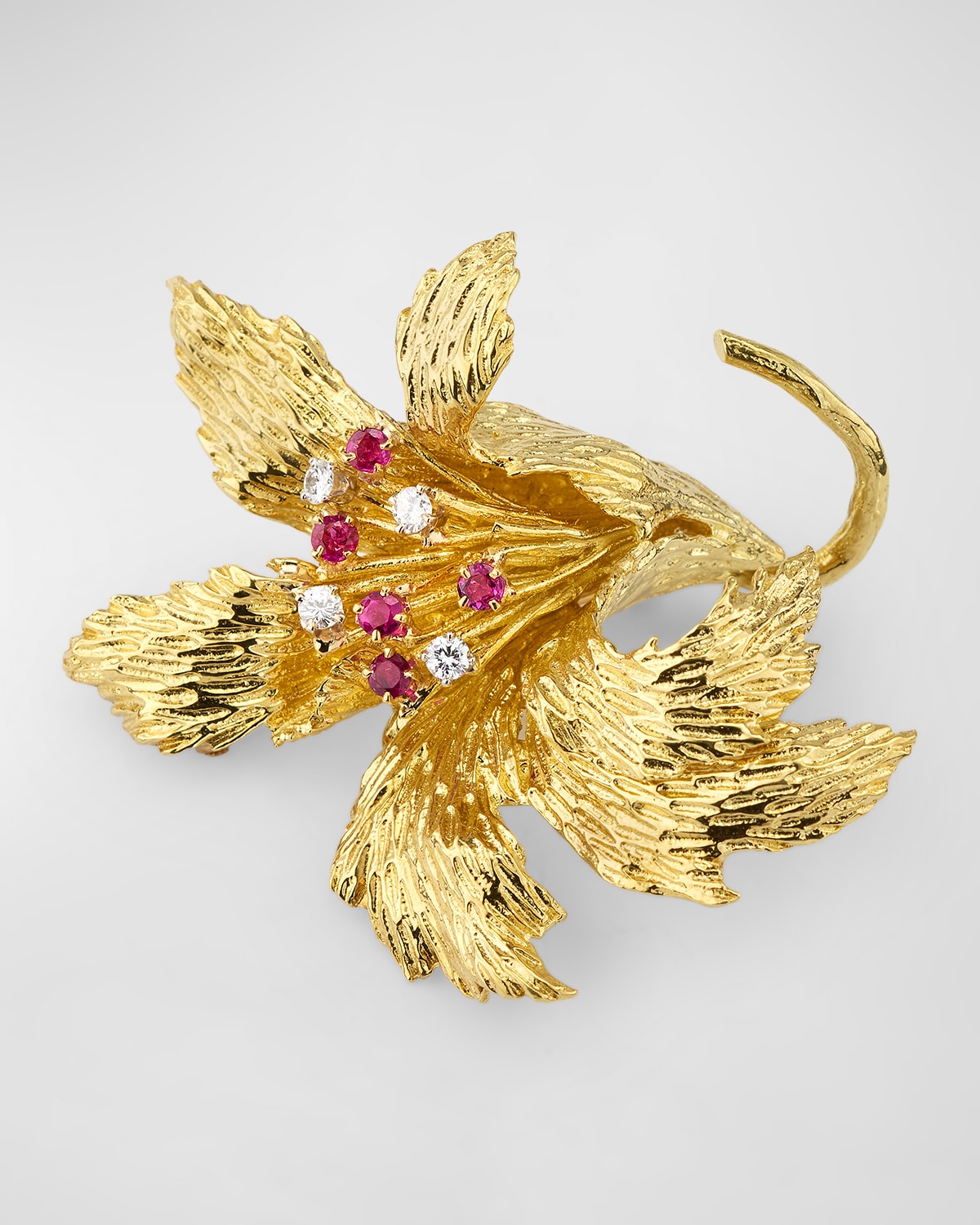 Estate Cartier 18K Yellow Gold and White Gold Flower Brooch with Rubies and Diamonds