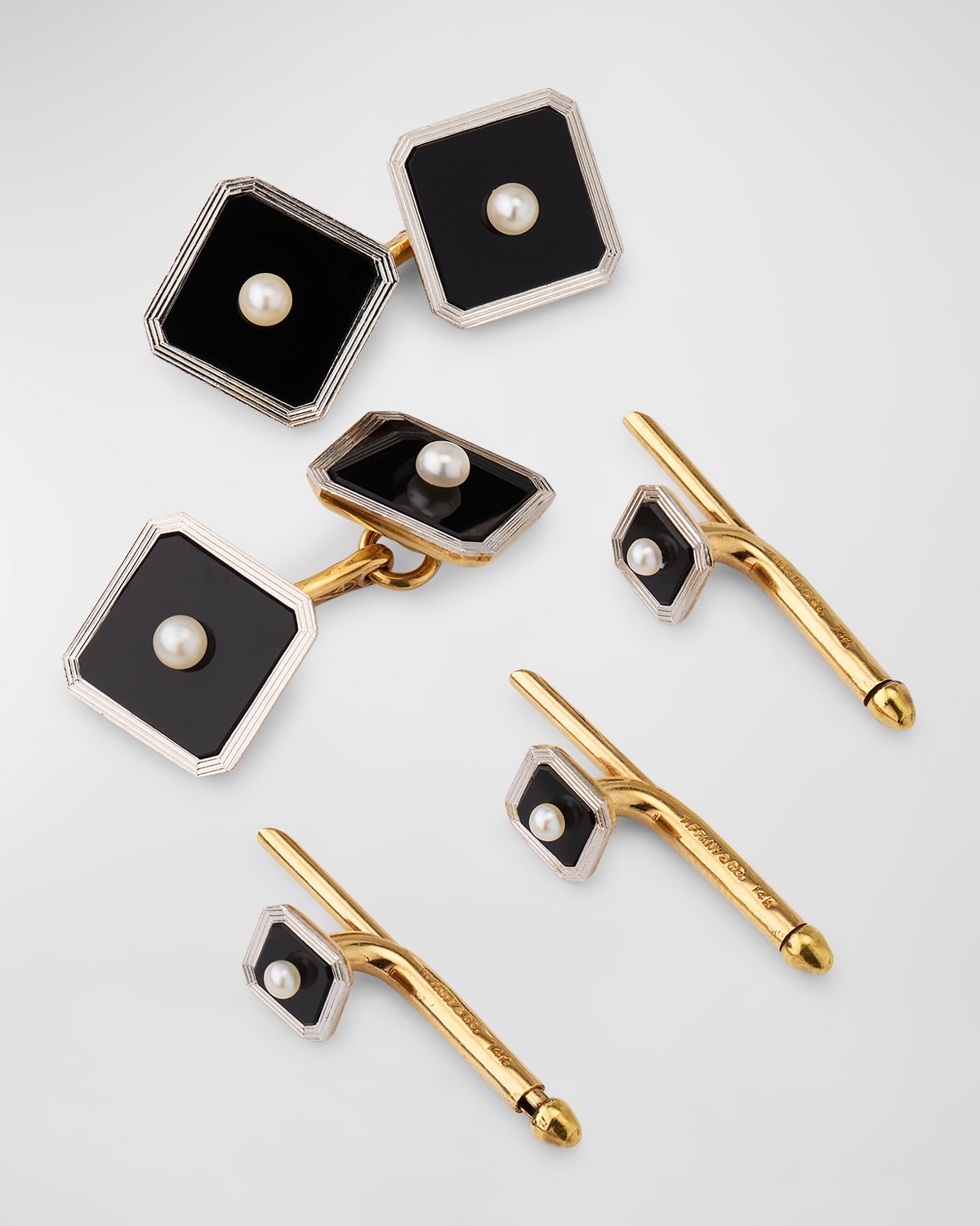 Estate Tiffany 14K Yellow Gold Pearl and Black Onyx Art Deco Gents Set