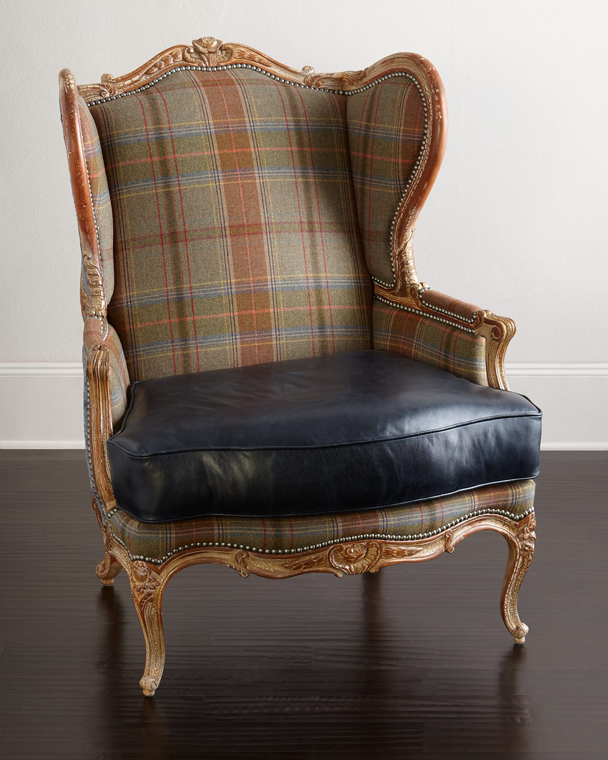 Massoud Sienna Blue Leather Wing Chair