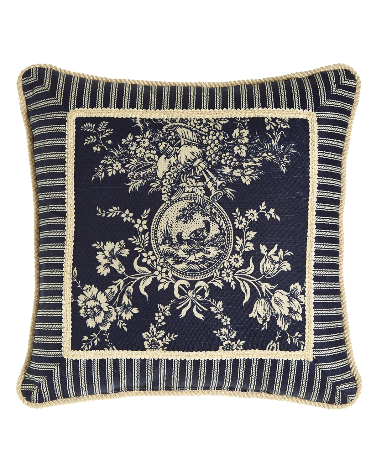 Sherry Kline Home Country Toile Pillow With Striped Frame, 19"sq. In Blue