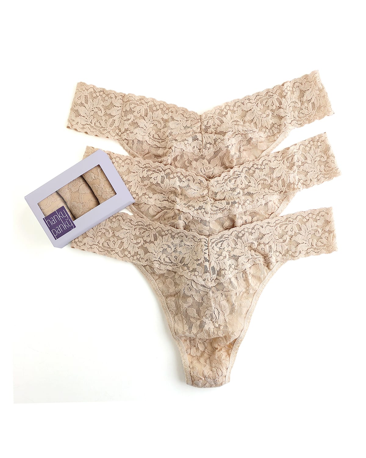 Hanky Panky Three-pack Original-rise Signature Lace Thong In Beige