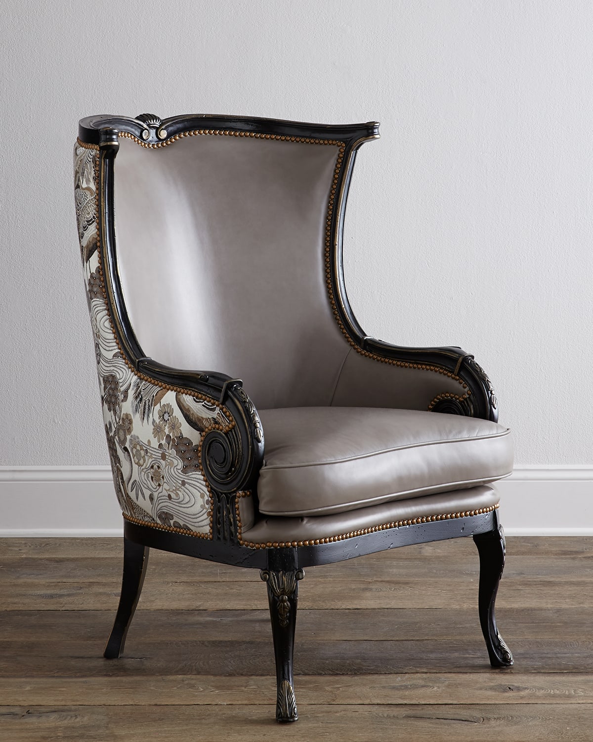 Massoud Candice Leather Wing Chair In Gray