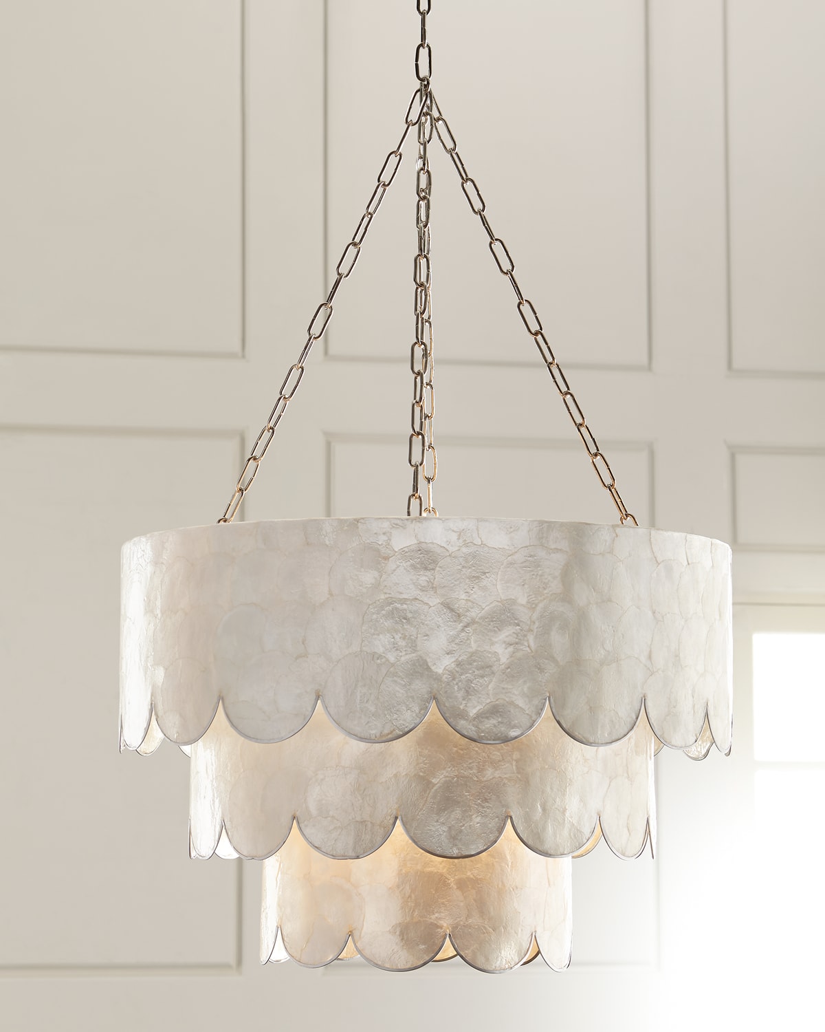 NEIMAN MARCUS THREE-TIERED SCALLOPED CAPIZ 3-LIGHT CHANDELIER