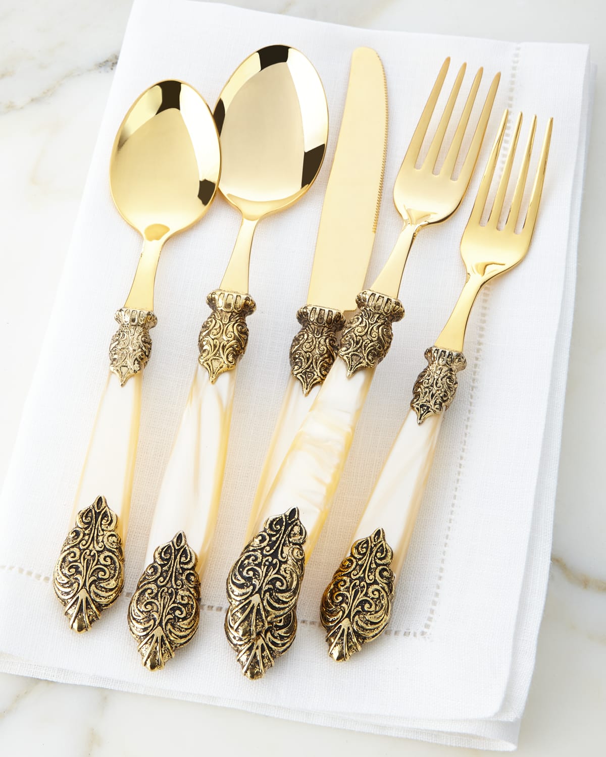 Neiman Marcus 20-piece Antiqued-gold Versaille Flatware Service In Champagne Pearl