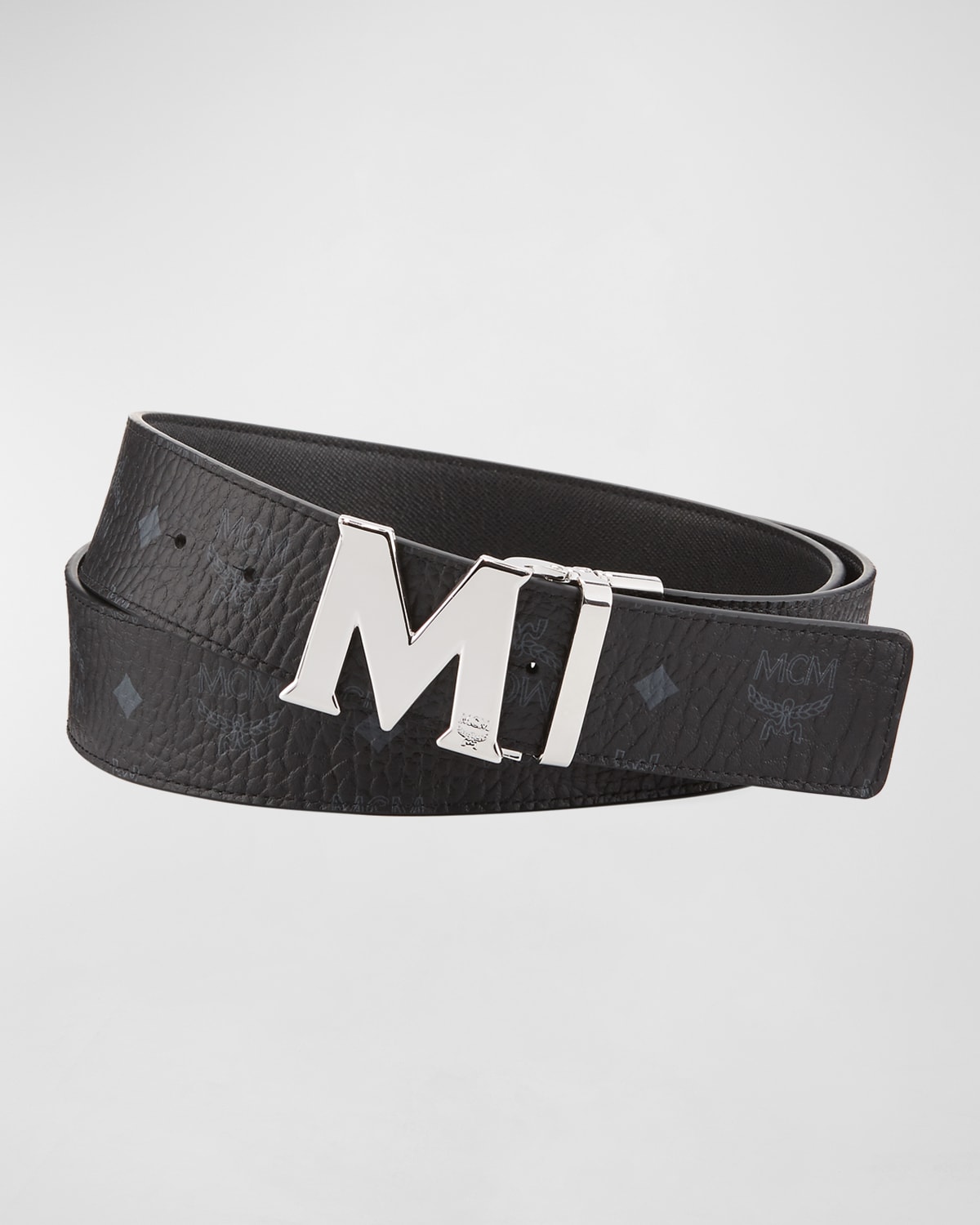 Shop Mcm Claus Reversible Visetos/saffiano Belt In Black