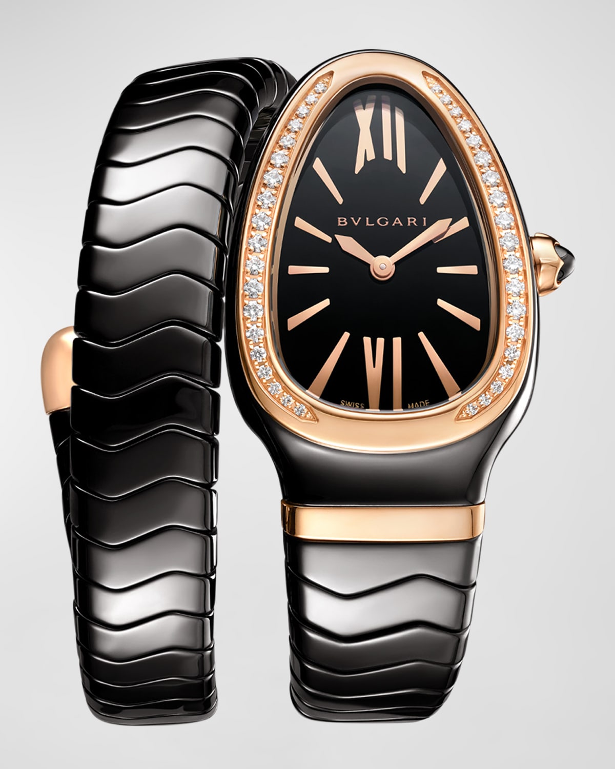 35mm Serpenti Spiga 18k Rose Gold Black Ceramic Wrap Watch with Diamonds