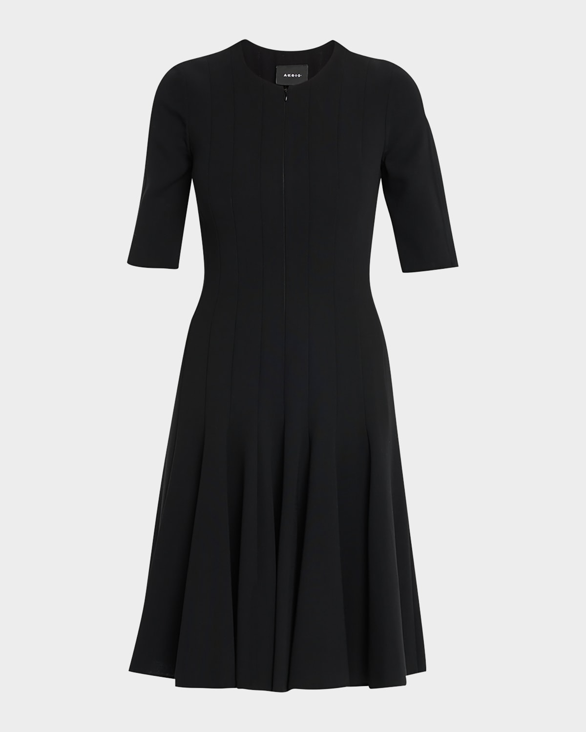 Akris Elbow-sleeve Zip-front Pleated A-line Wool Dress In Black