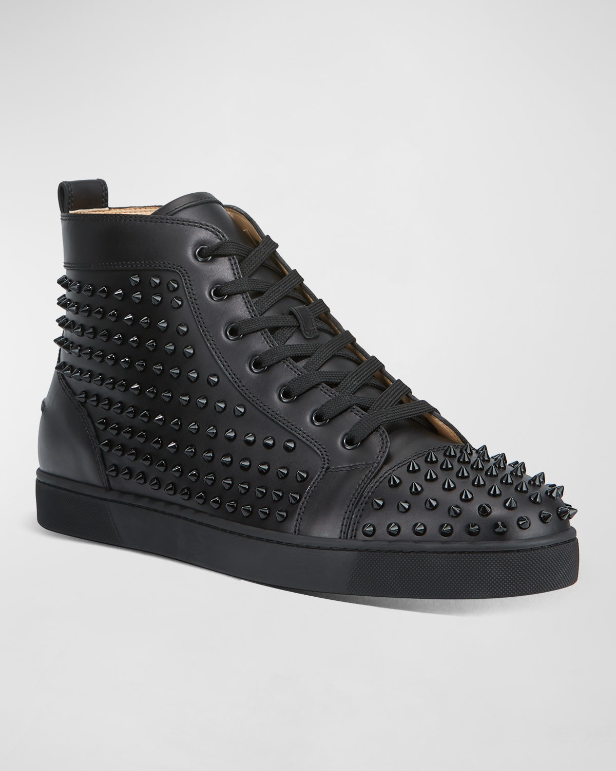 Shop Christian Louboutin Men's Louis Mid-top Spiked Leather Sneakers In Black