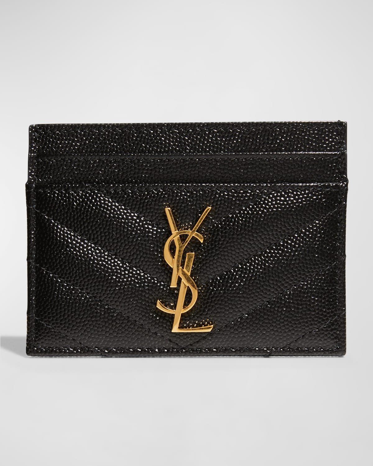 Saint Laurent Ysl Grain De Poudre Leather Card Case, Golden Hardware In Nero